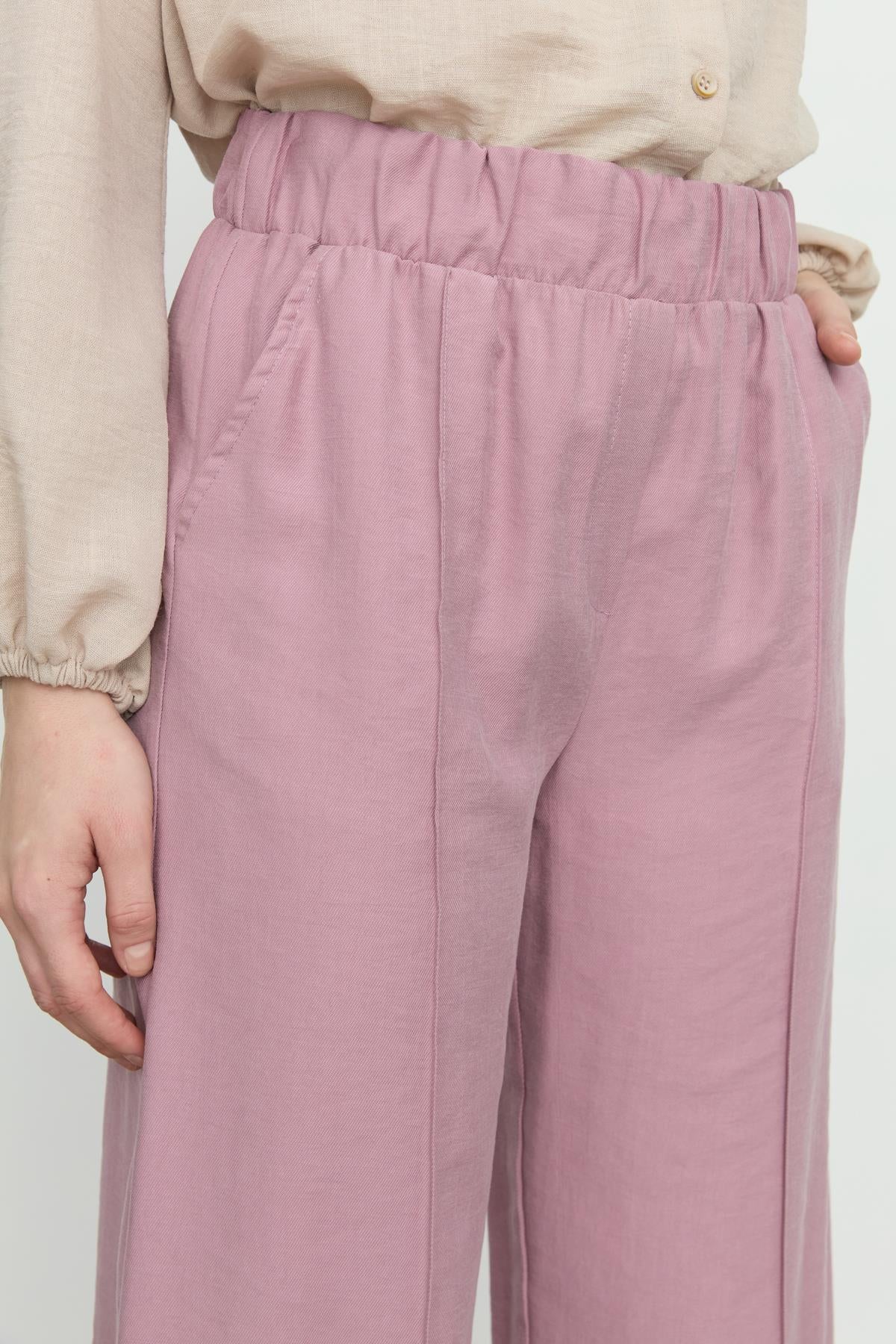 Nervür Detaylı Bol Paça Tencel Pantolon Lavanta