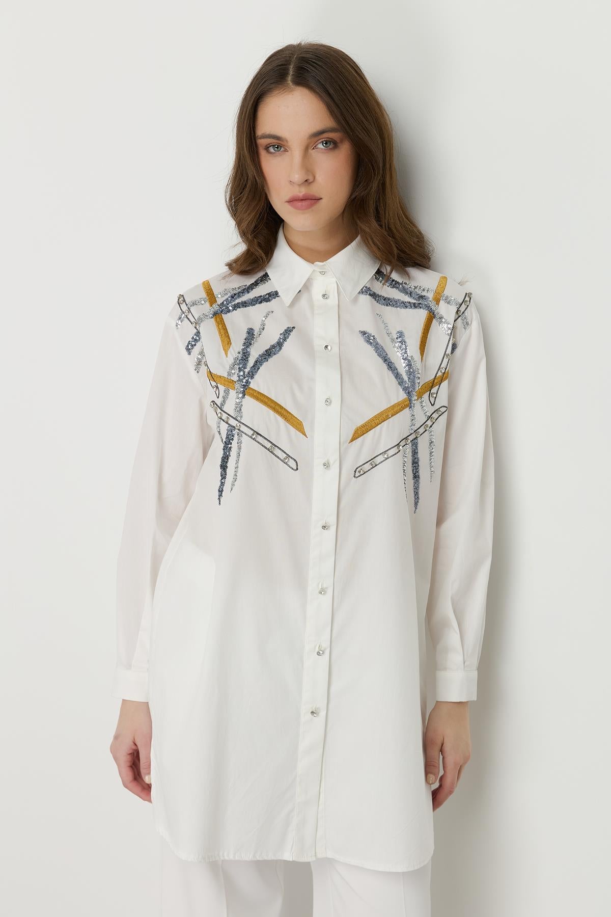 Omuzları İşlemeli Poplin Tunik Beyaz