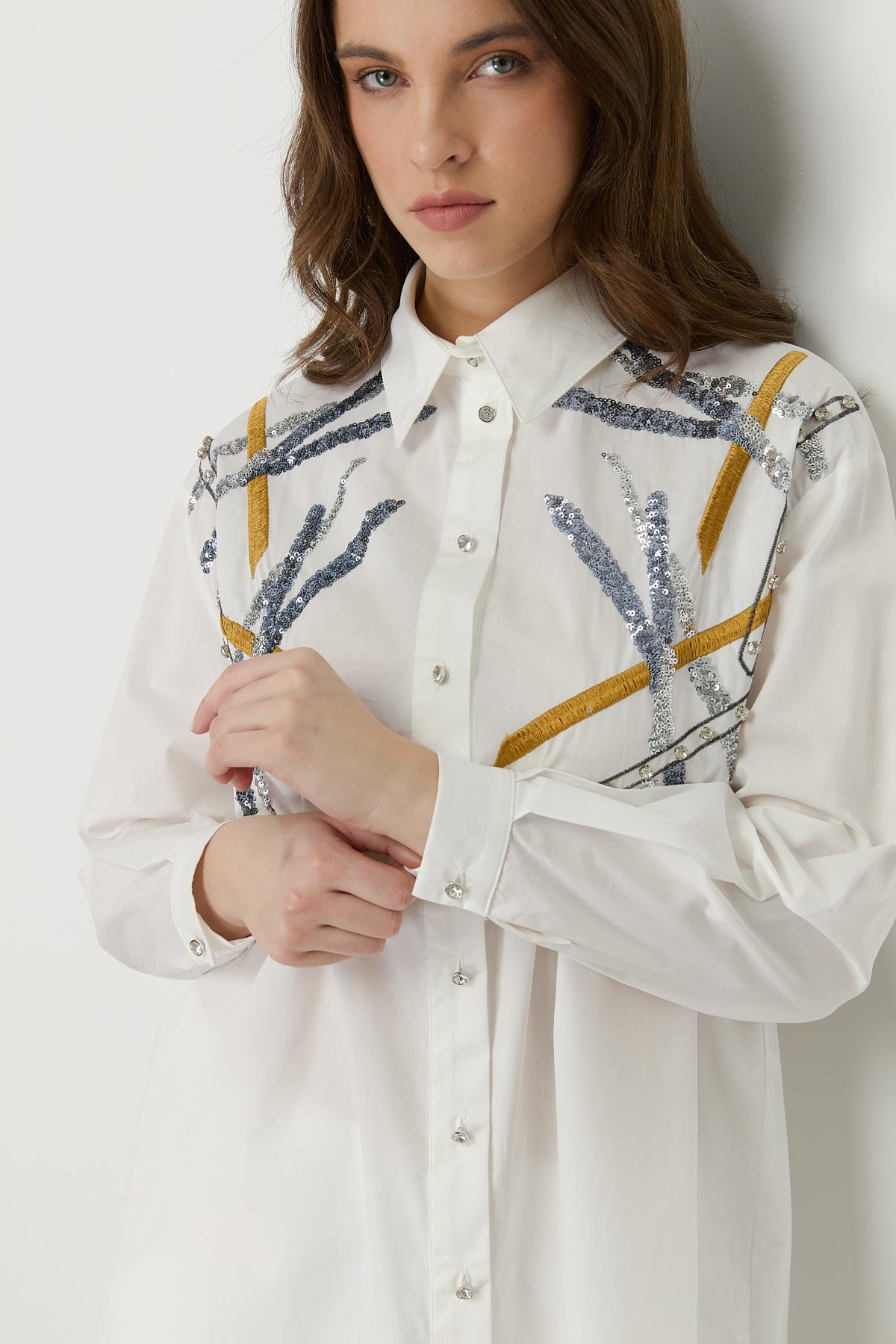 Omuzları İşlemeli Poplin Tunik Beyaz