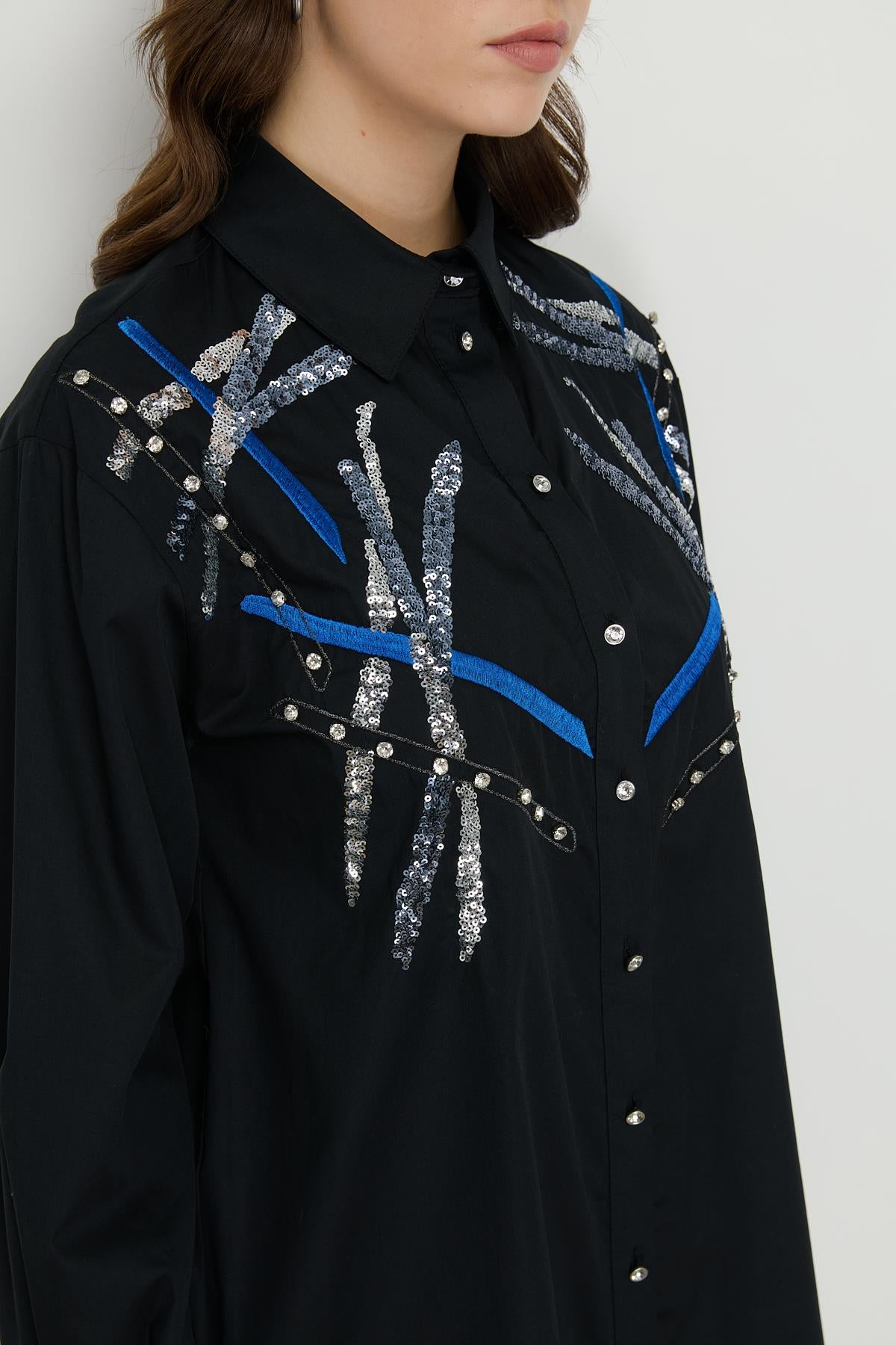 Omuzları İşlemeli Poplin Tunik Siyah