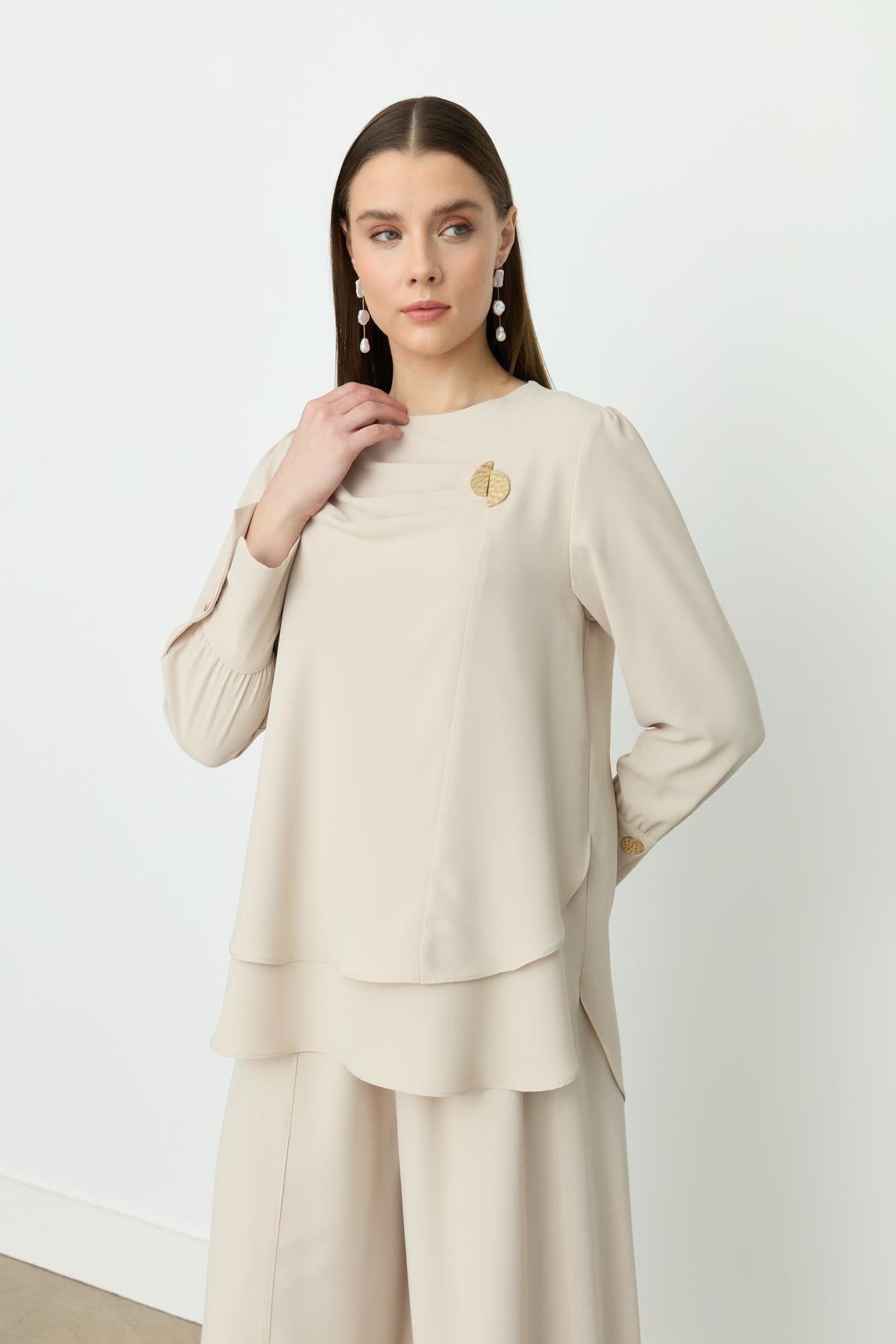 Pile Detaylı Pantolon Tunik Takım Bej