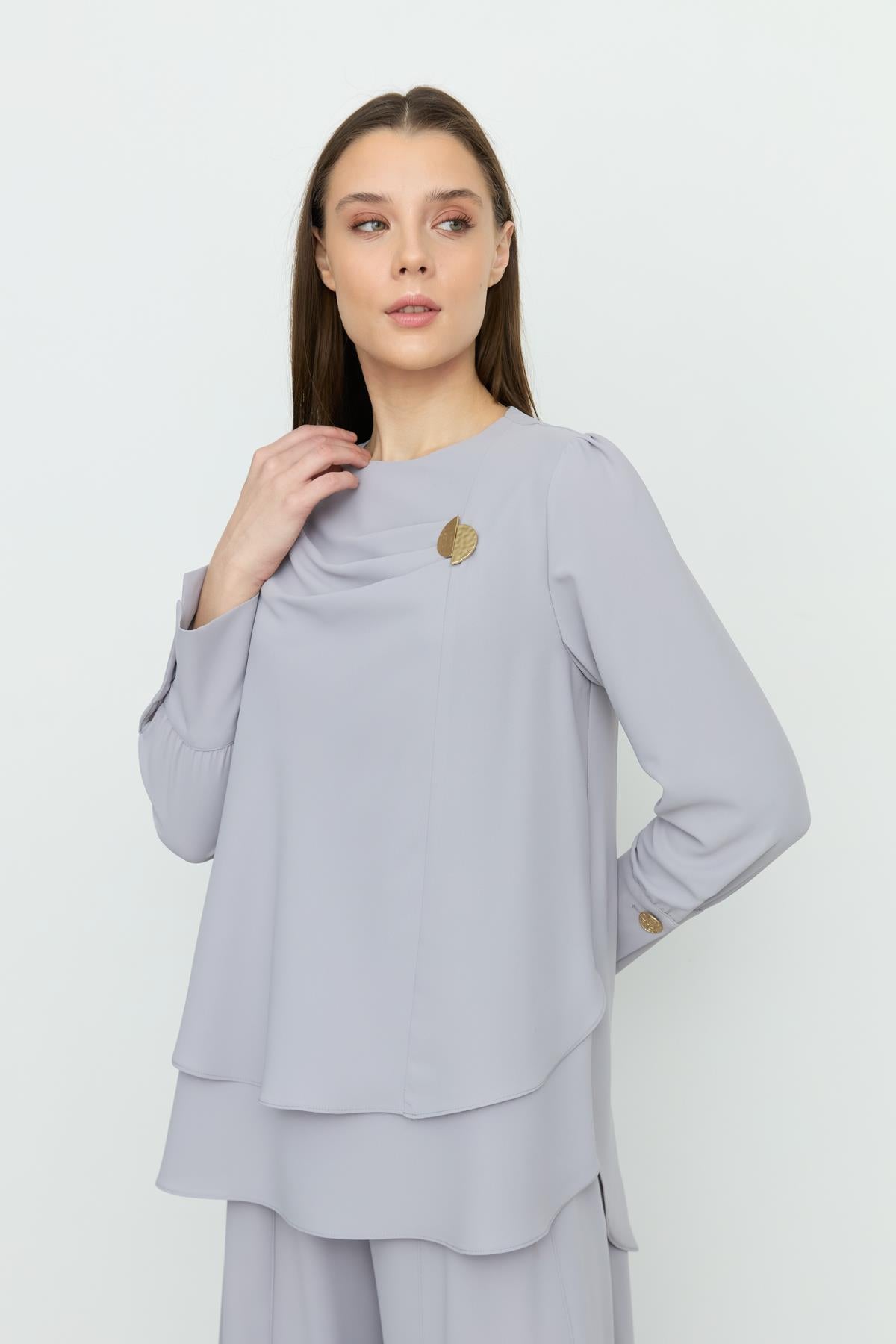 Pile Detaylı Pantolon Tunik Takım Gri