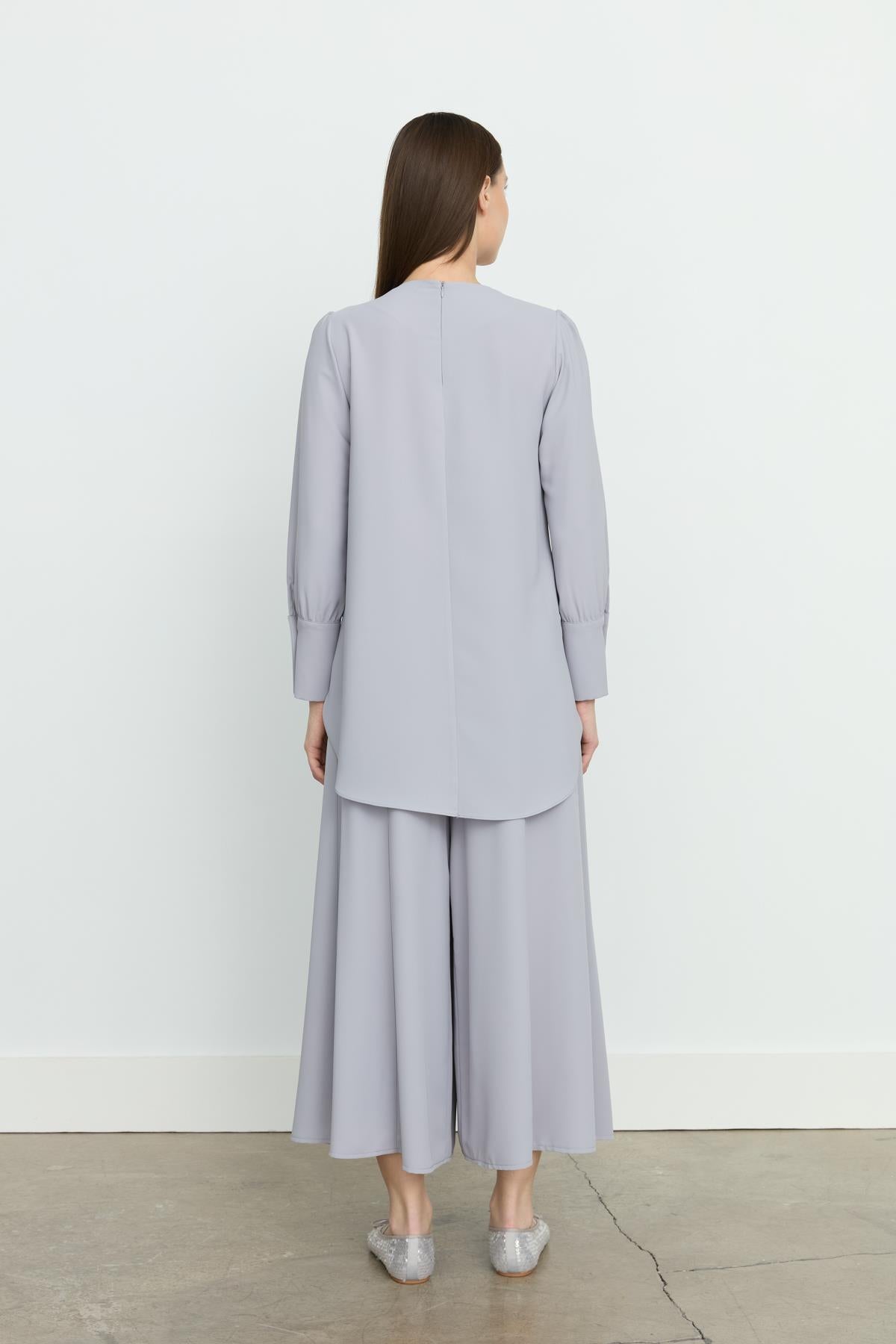 Pile Detaylı Pantolon Tunik Takım Gri