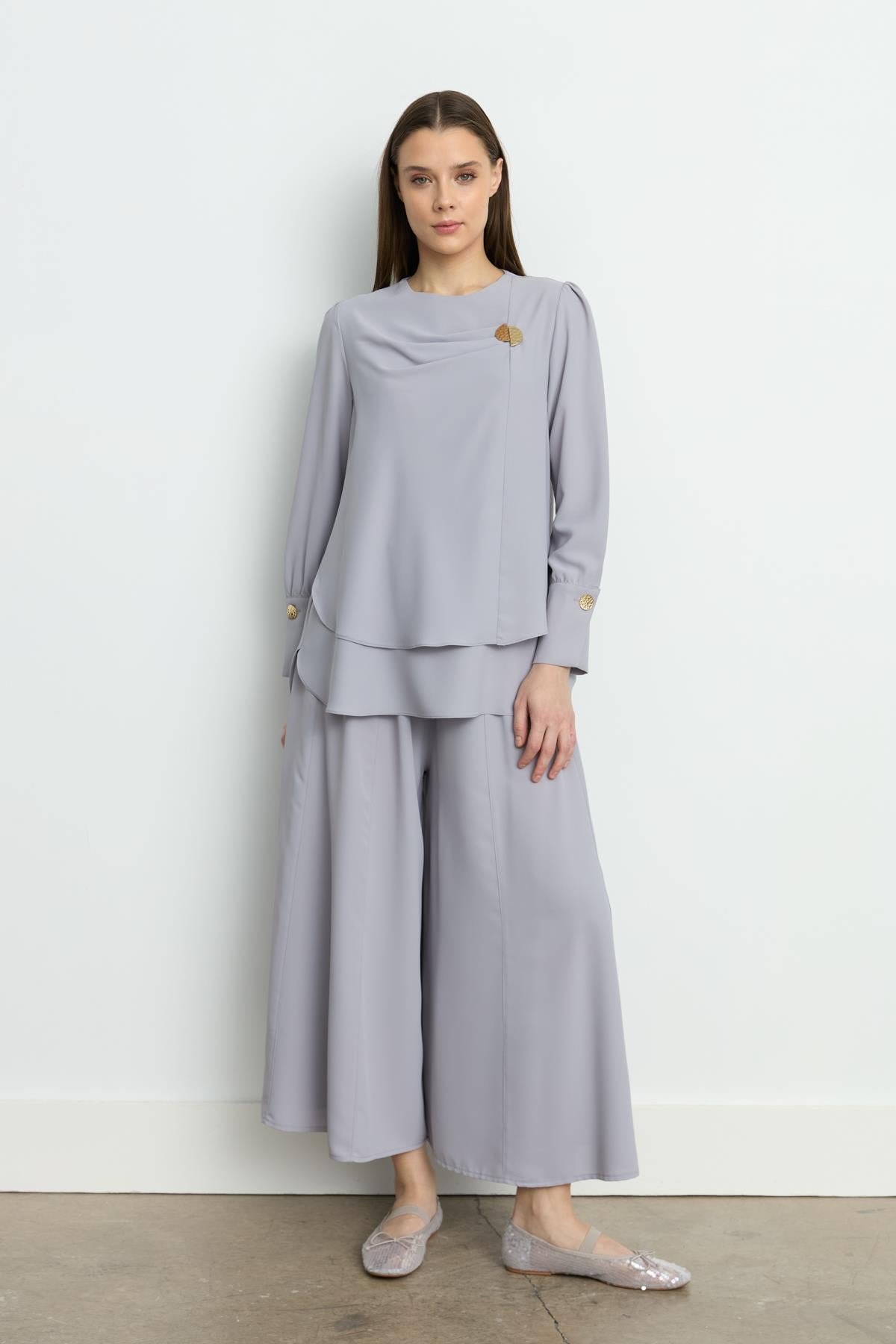 Pile Detaylı Pantolon Tunik Takım Gri
