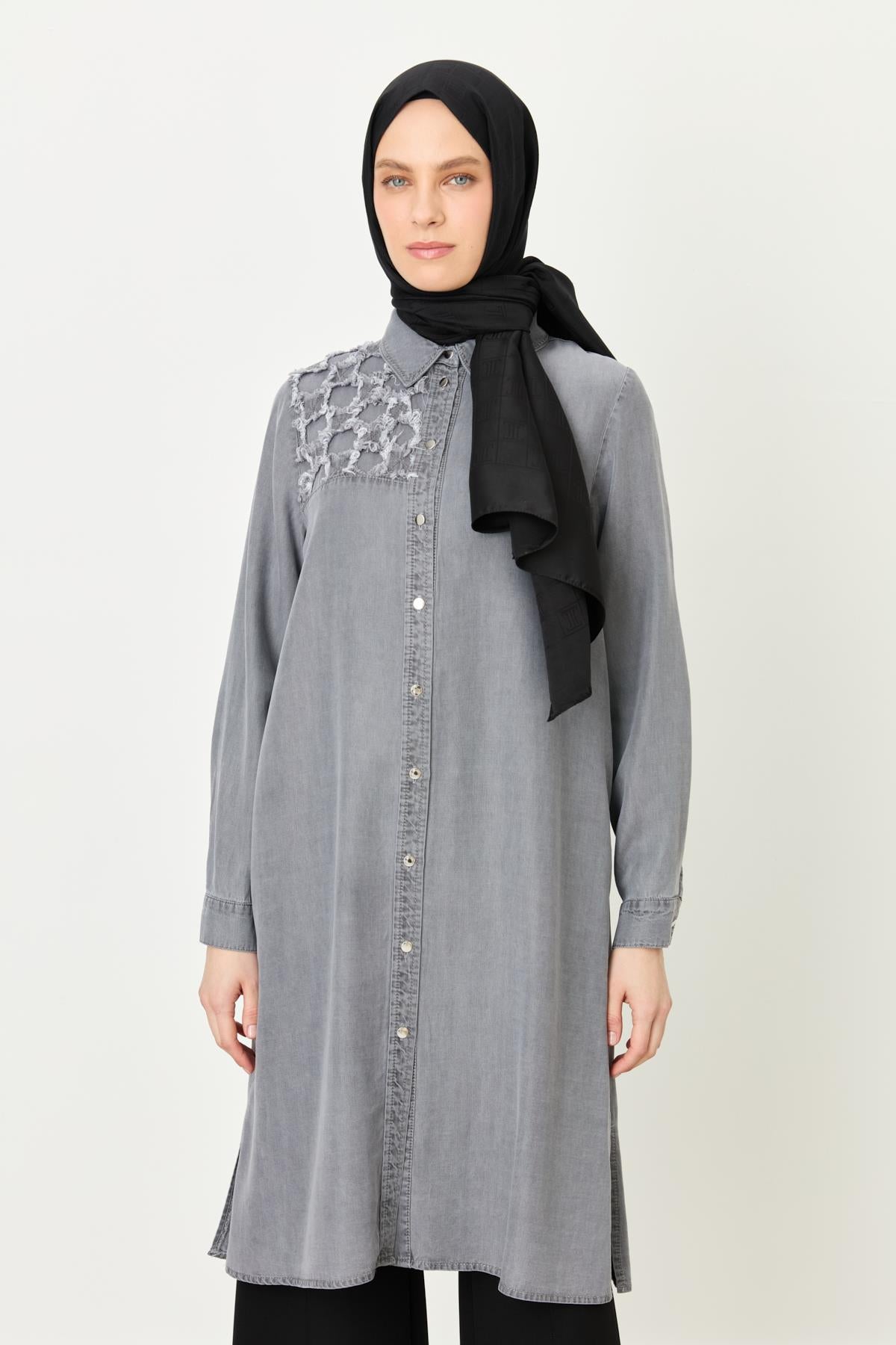 Püskül Detaylı Tencel Tunik Gri
