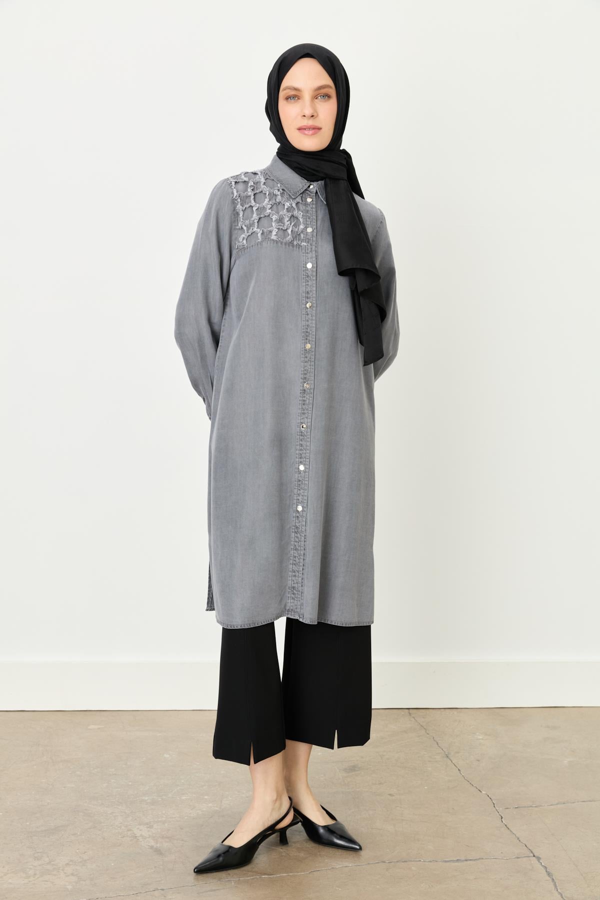 Püskül Detaylı Tencel Tunik Gri