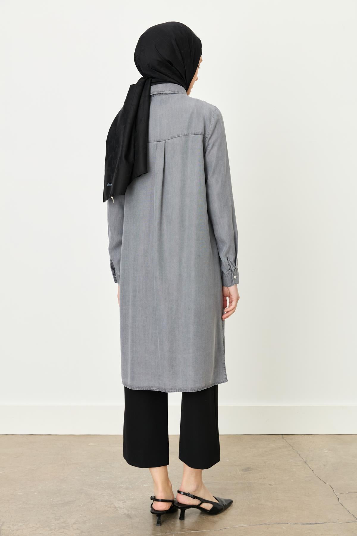 Püskül Detaylı Tencel Tunik Gri