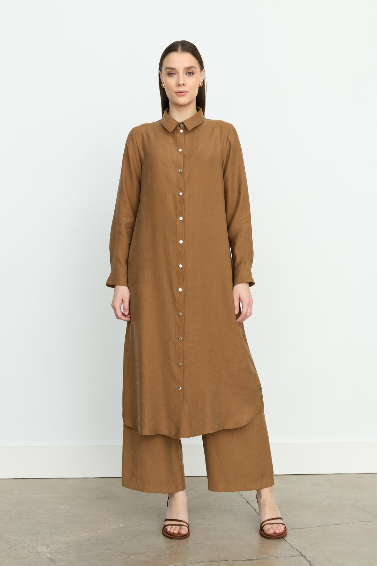 Simetrik Dikiş Detaylı Tencel Tunik Açık Kahve