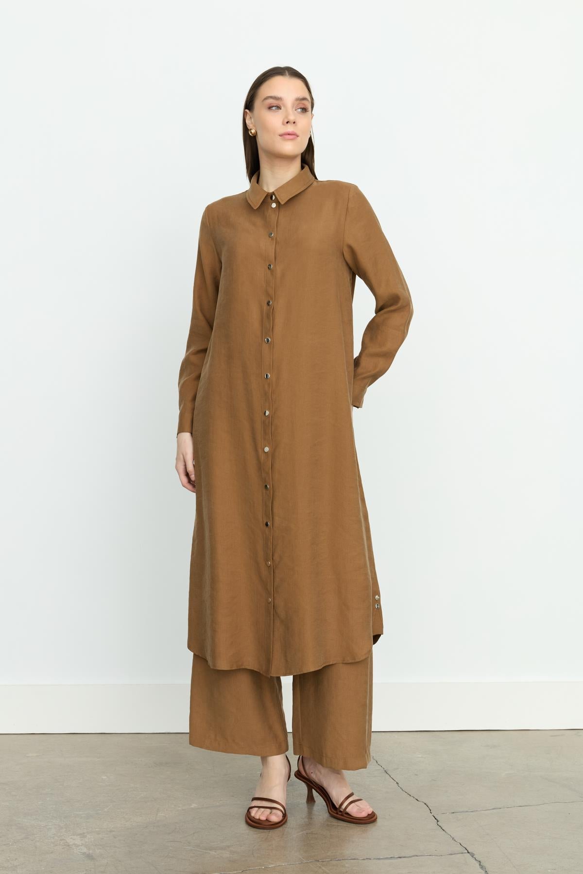 Simetrik Dikiş Detaylı Tencel Tunik Açık Kahve