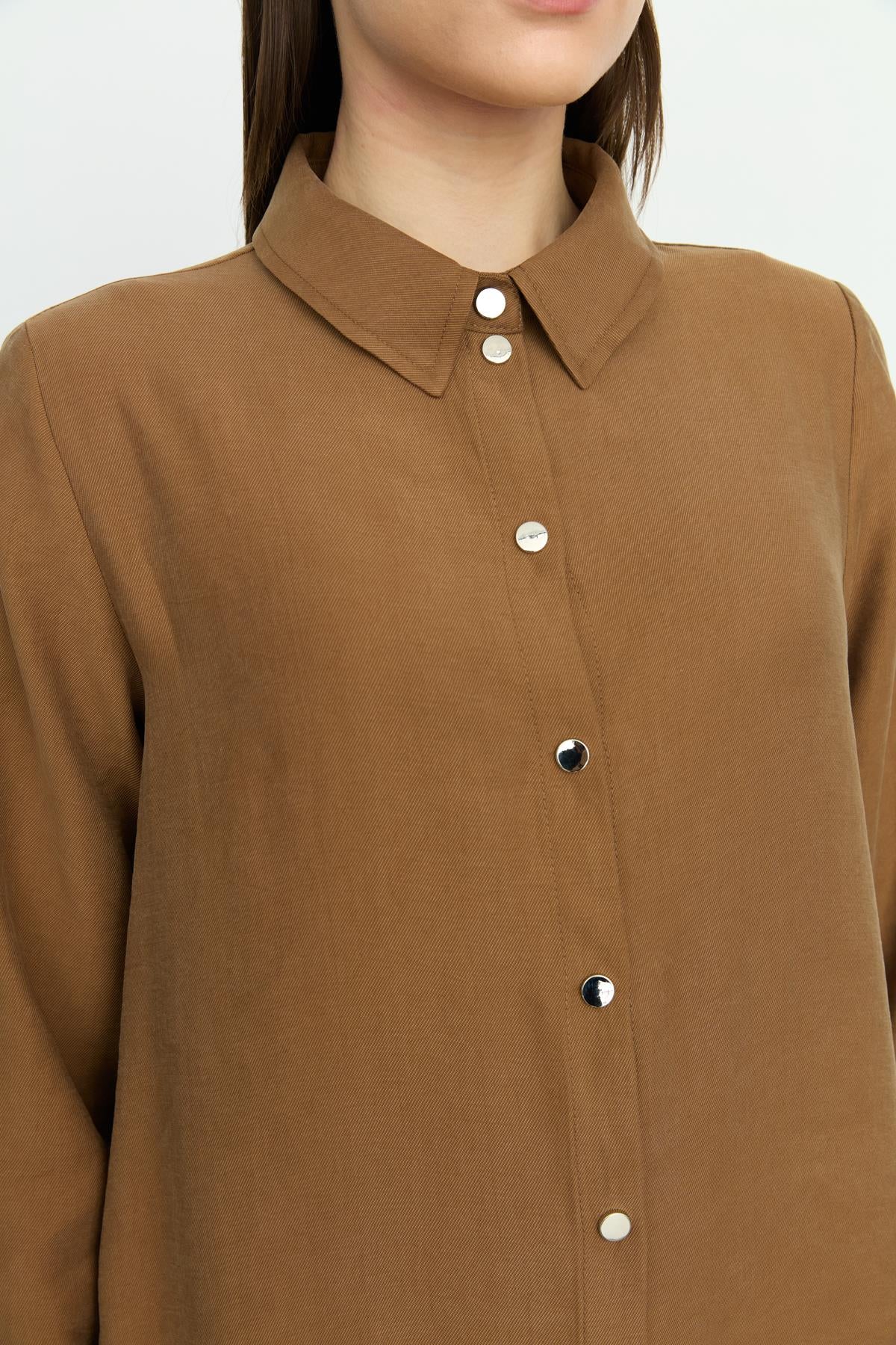 Simetrik Dikiş Detaylı Tencel Tunik Açık Kahve