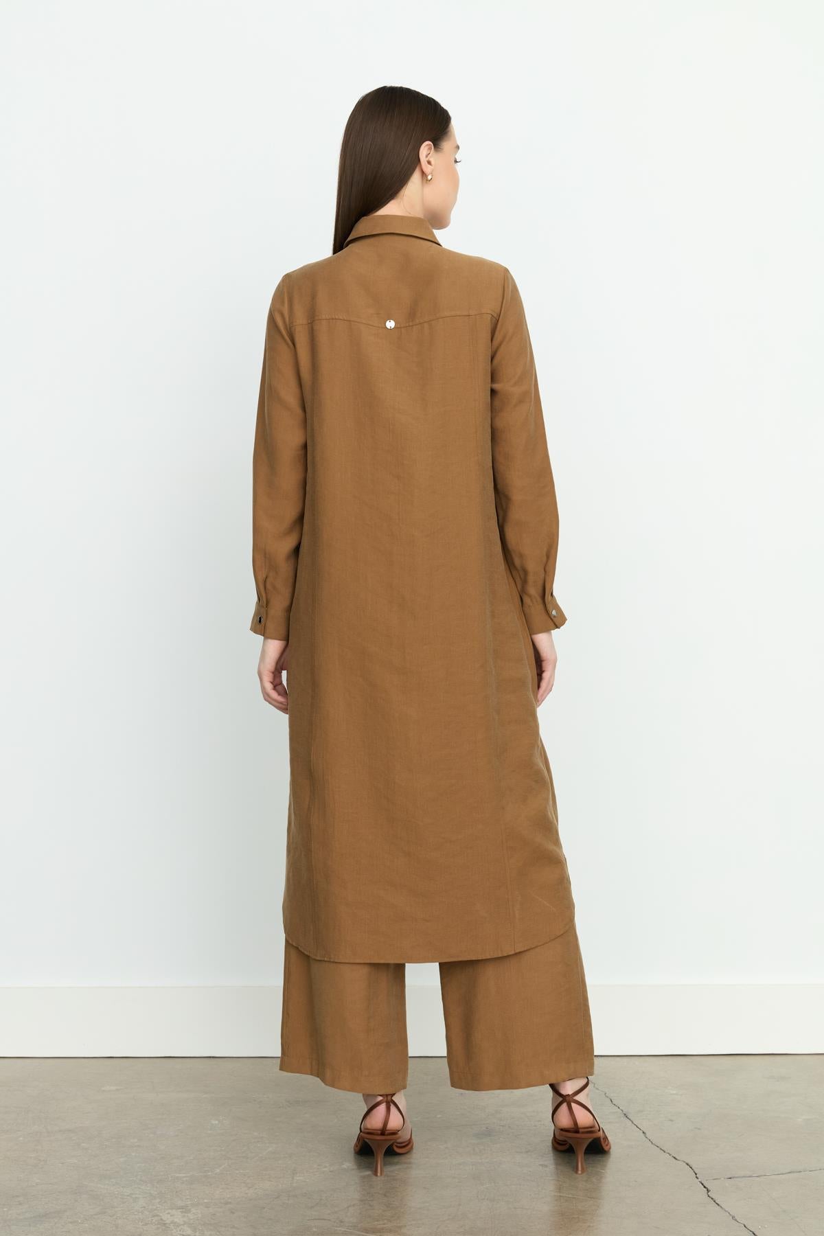 Simetrik Dikiş Detaylı Tencel Tunik Açık Kahve