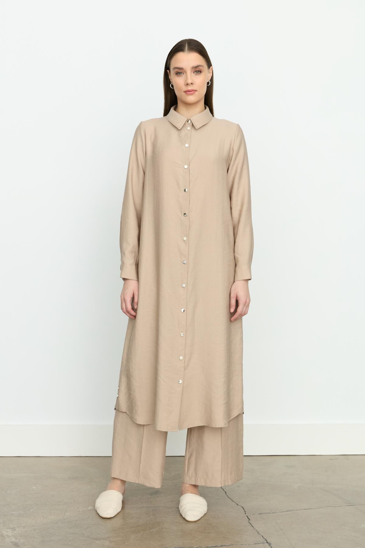 Simetrik Dikiş Detaylı Tencel Tunik Kumsal