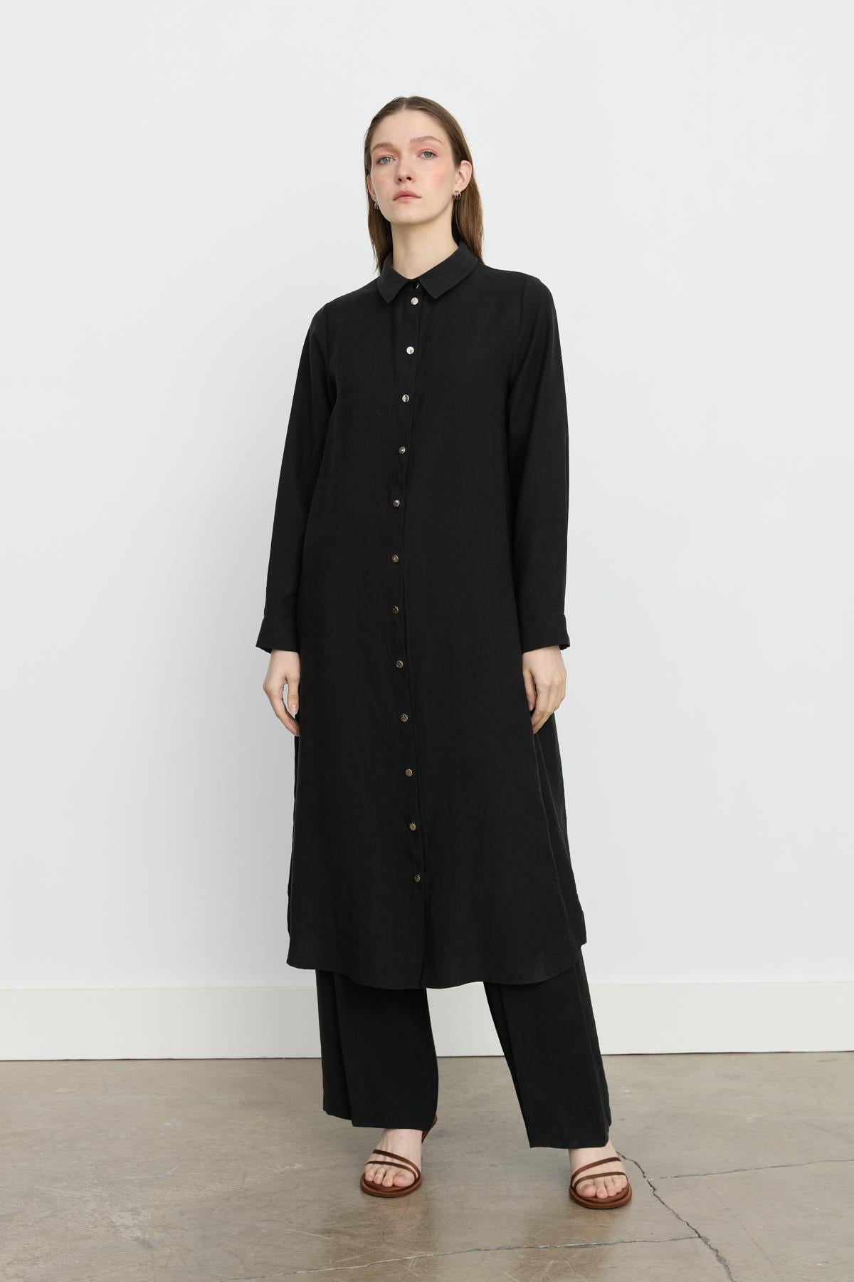 Simetrik Dikiş Detaylı Tencel Tunik Siyah