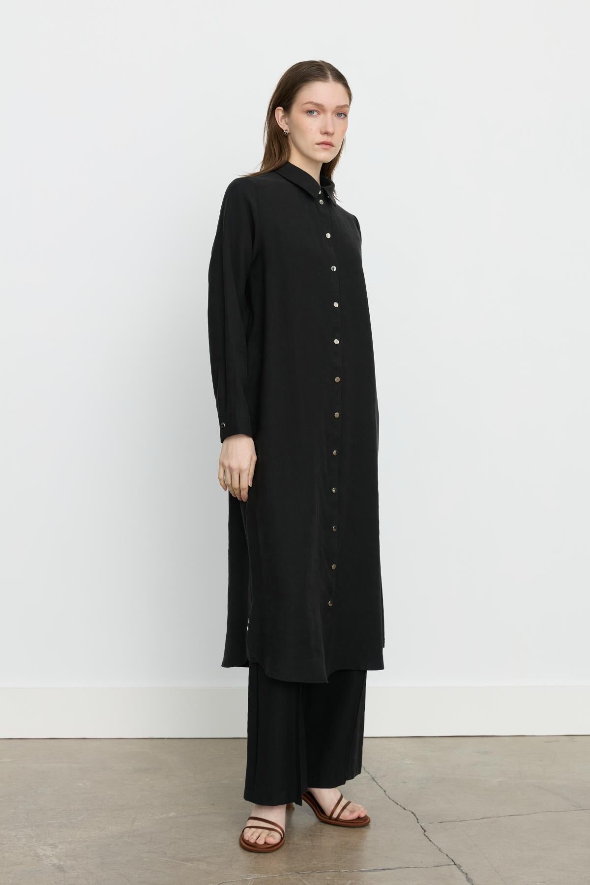 Simetrik Dikiş Detaylı Tencel Tunik Siyah