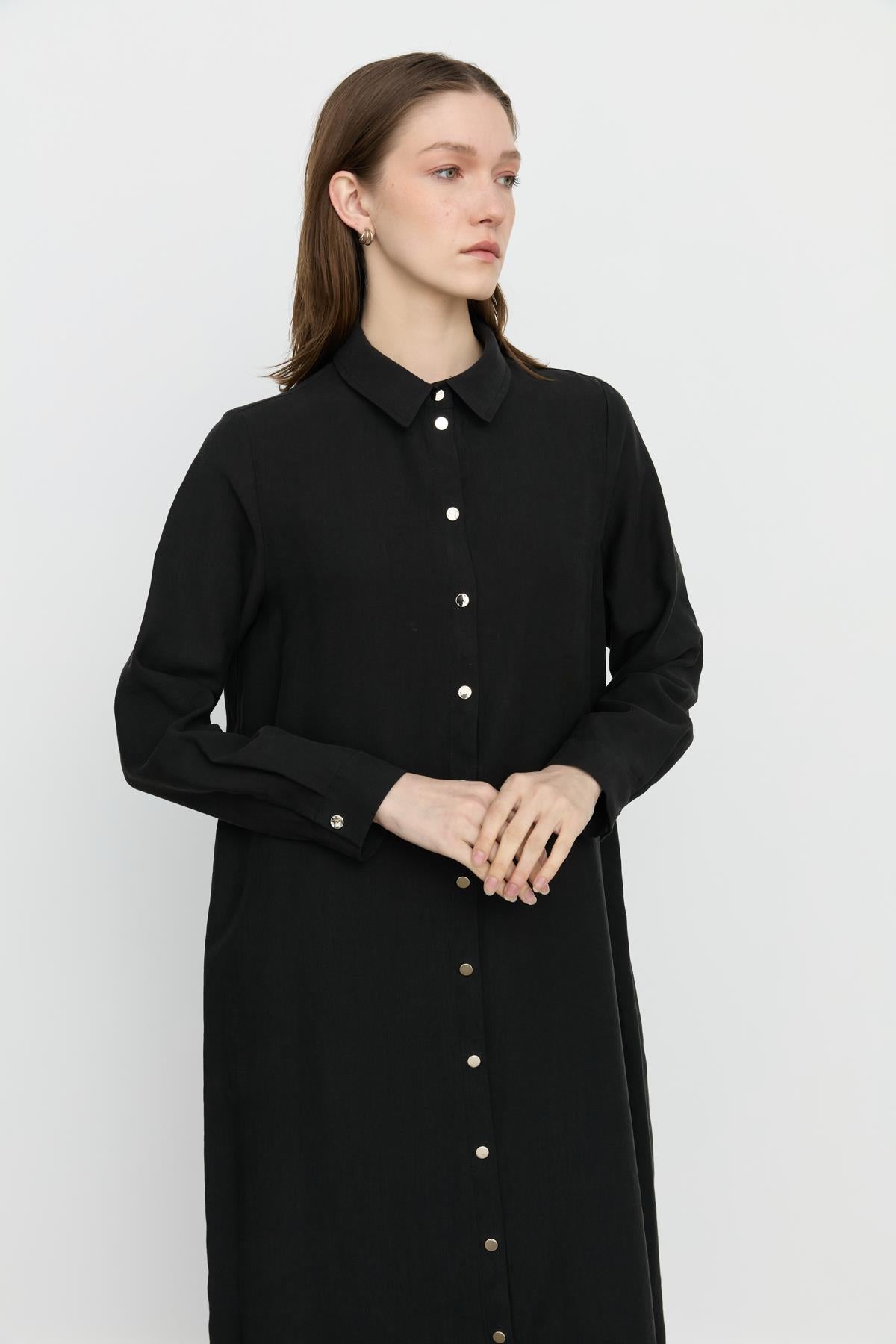 Simetrik Dikiş Detaylı Tencel Tunik Siyah
