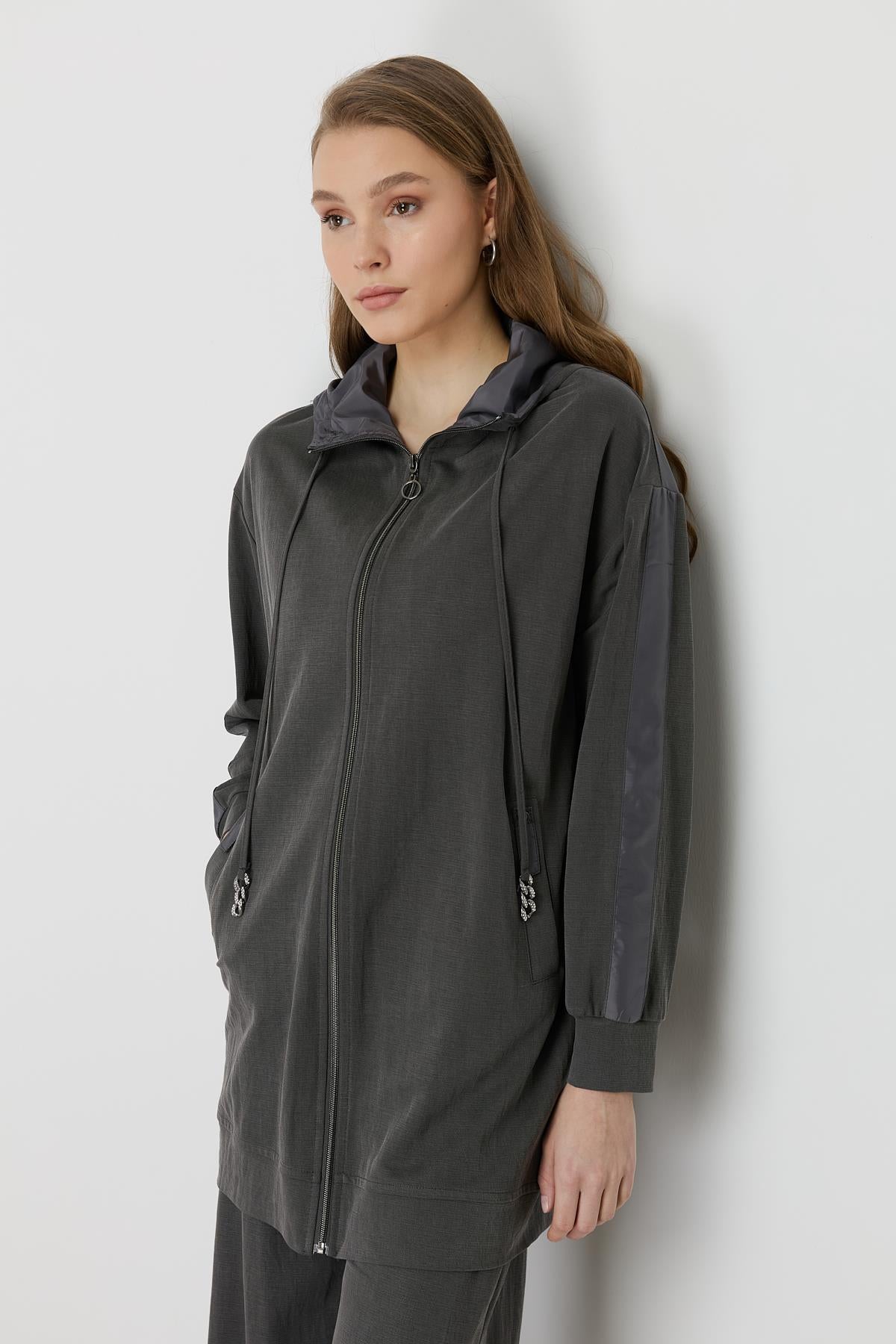Spor Mix Kumaş Detaylı Pantolon Tunik Takım Füme