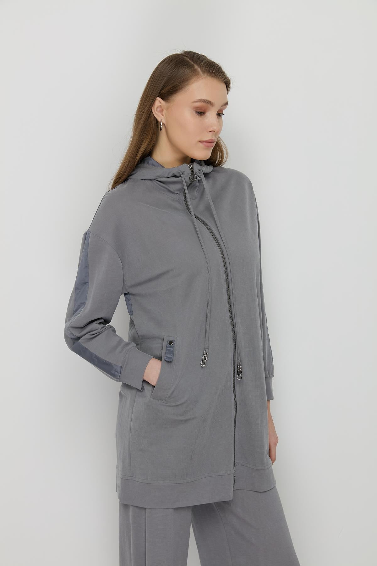 Spor Mix Kumaş Detaylı Pantolon Tunik Takım Gri