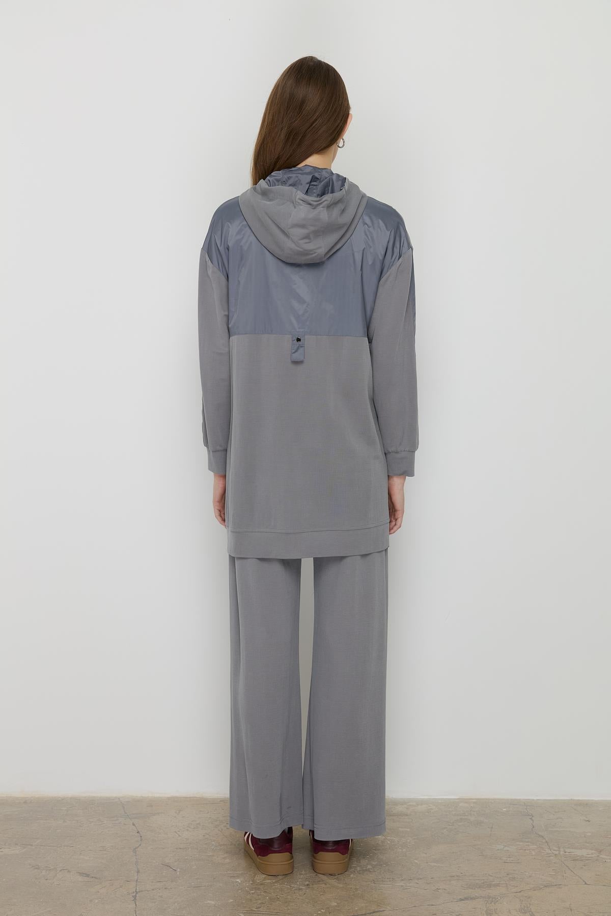 Spor Mix Kumaş Detaylı Pantolon Tunik Takım Gri