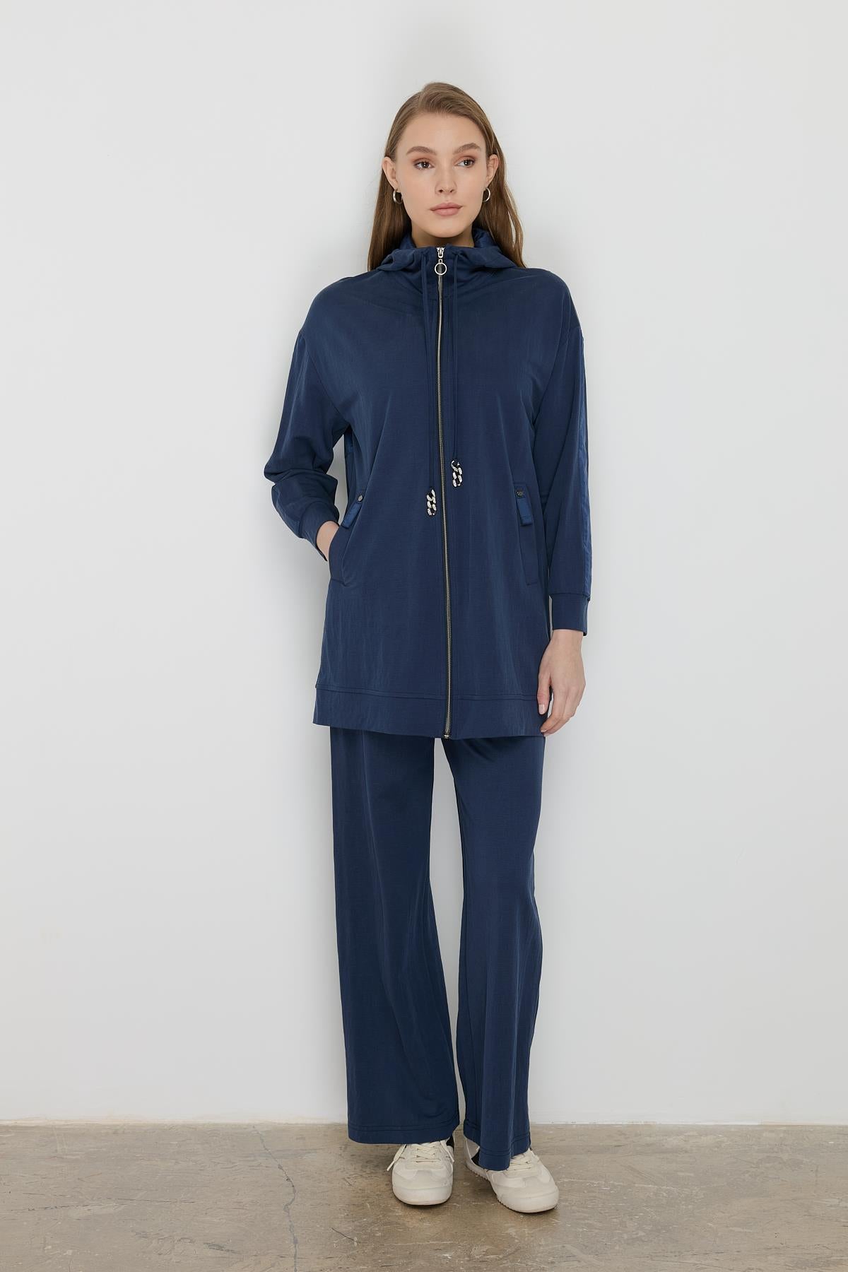 Spor Mix Kumaş Detaylı Pantolon Tunik Takım Lacivert
