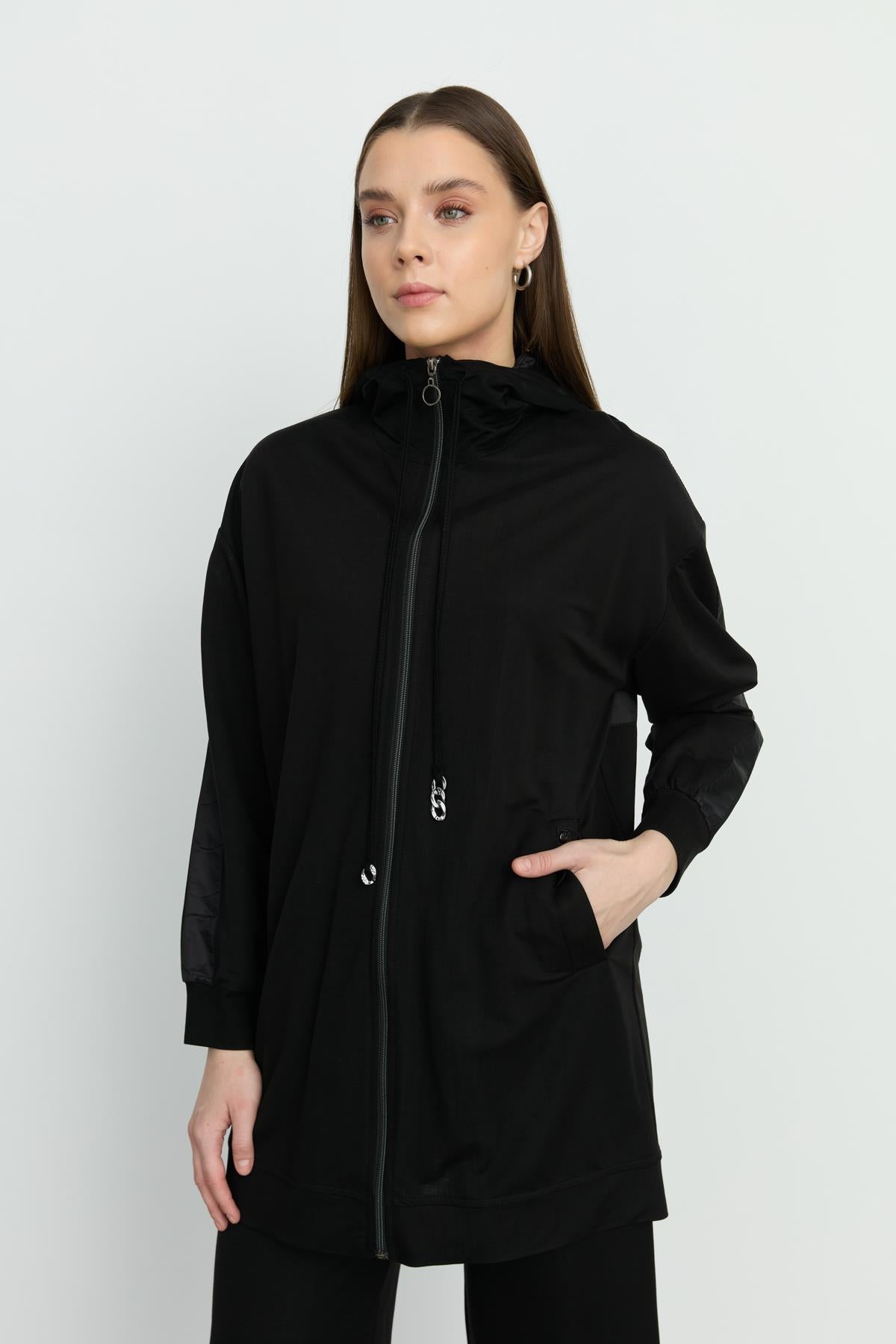 Spor Mix Kumaş Detaylı Pantolon Tunik Takım Siyah