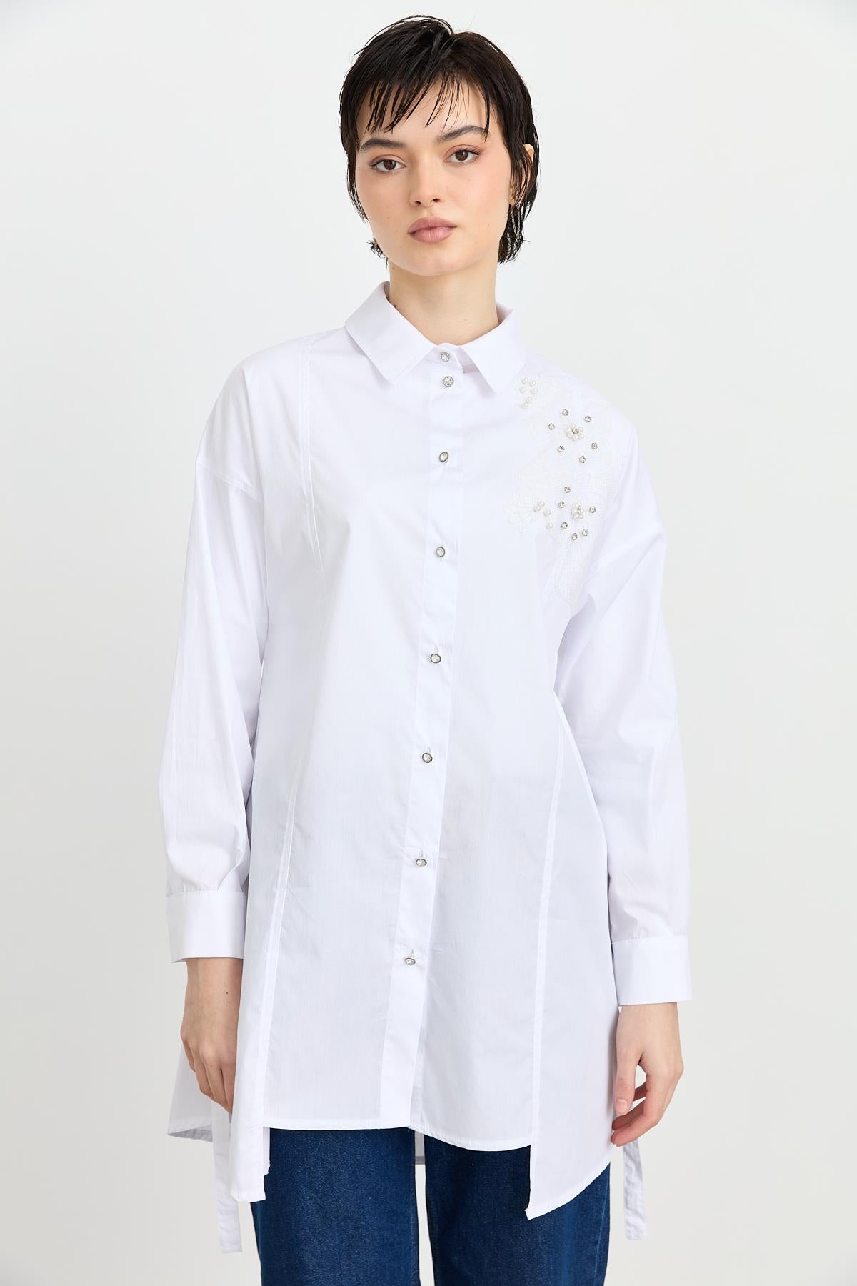 Taş Aksesuarlı Poplin Tunik Beyaz