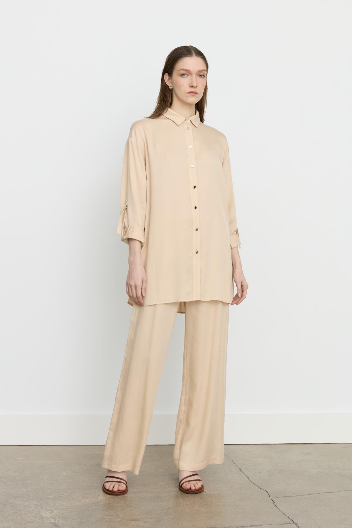 Tencel Pantolon Tunik Takım Bej