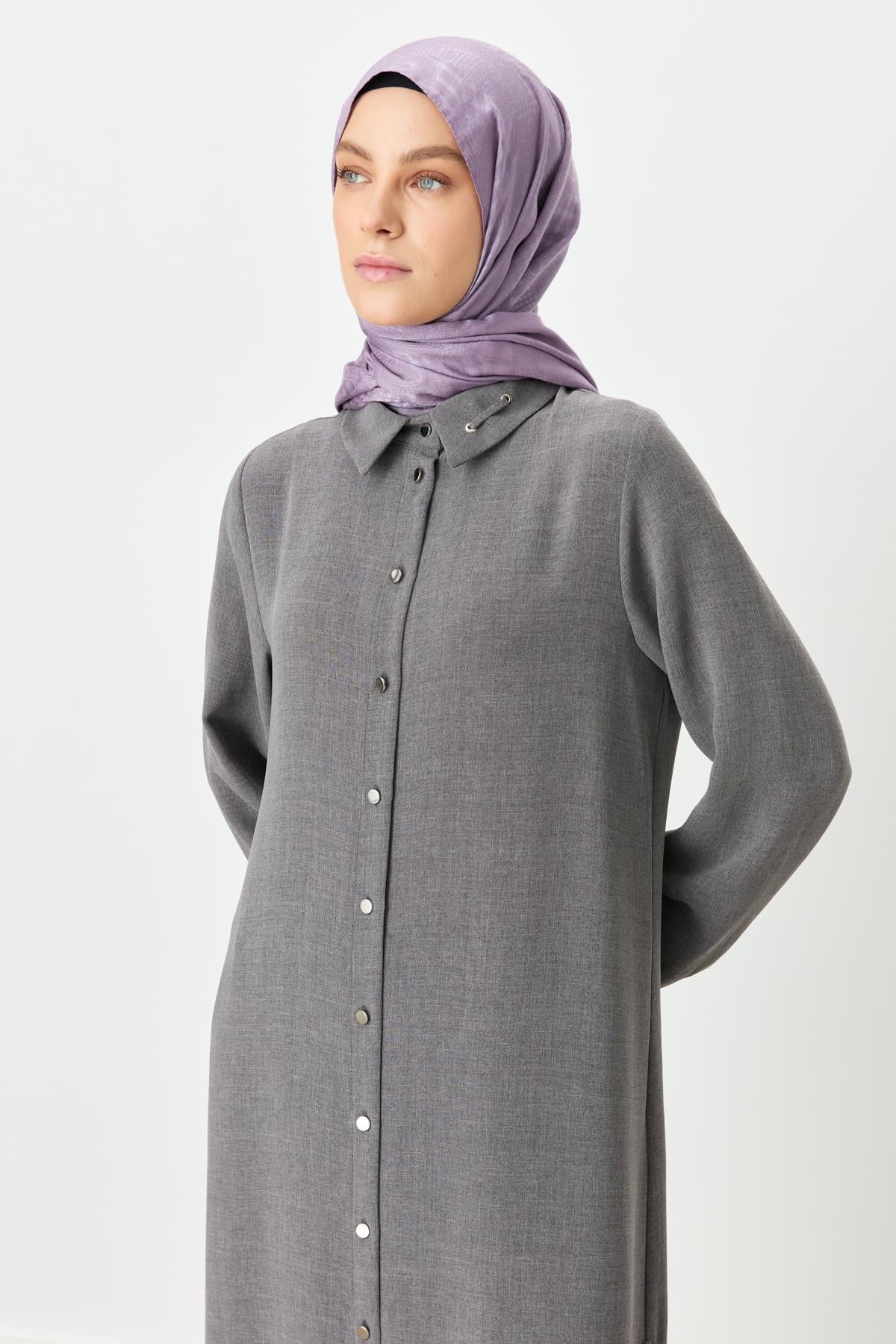 Yaka Detaylı Pantolon Tunik Takım Füme