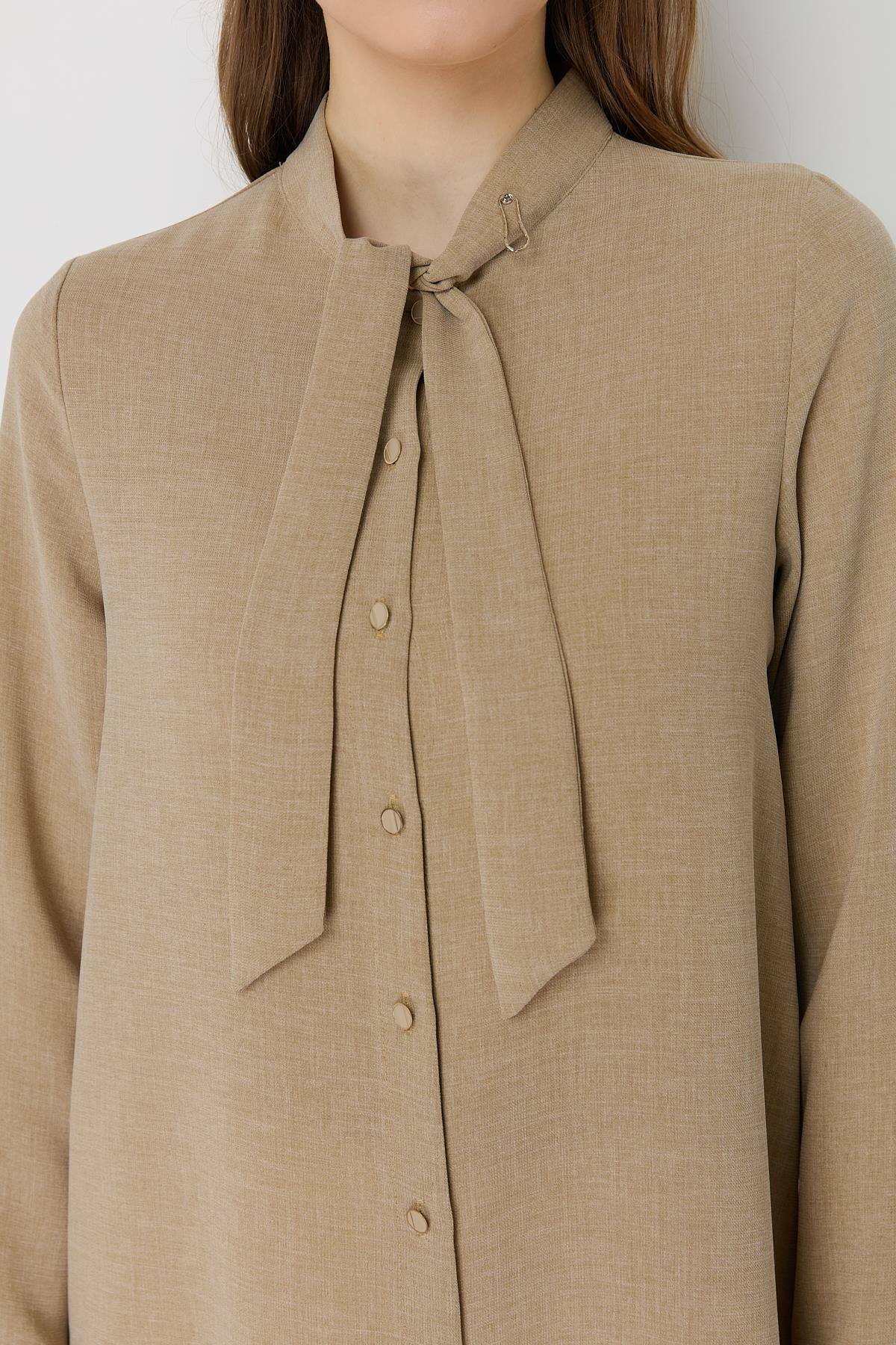 Yakası Bağlamalı Basic Tunik Bej