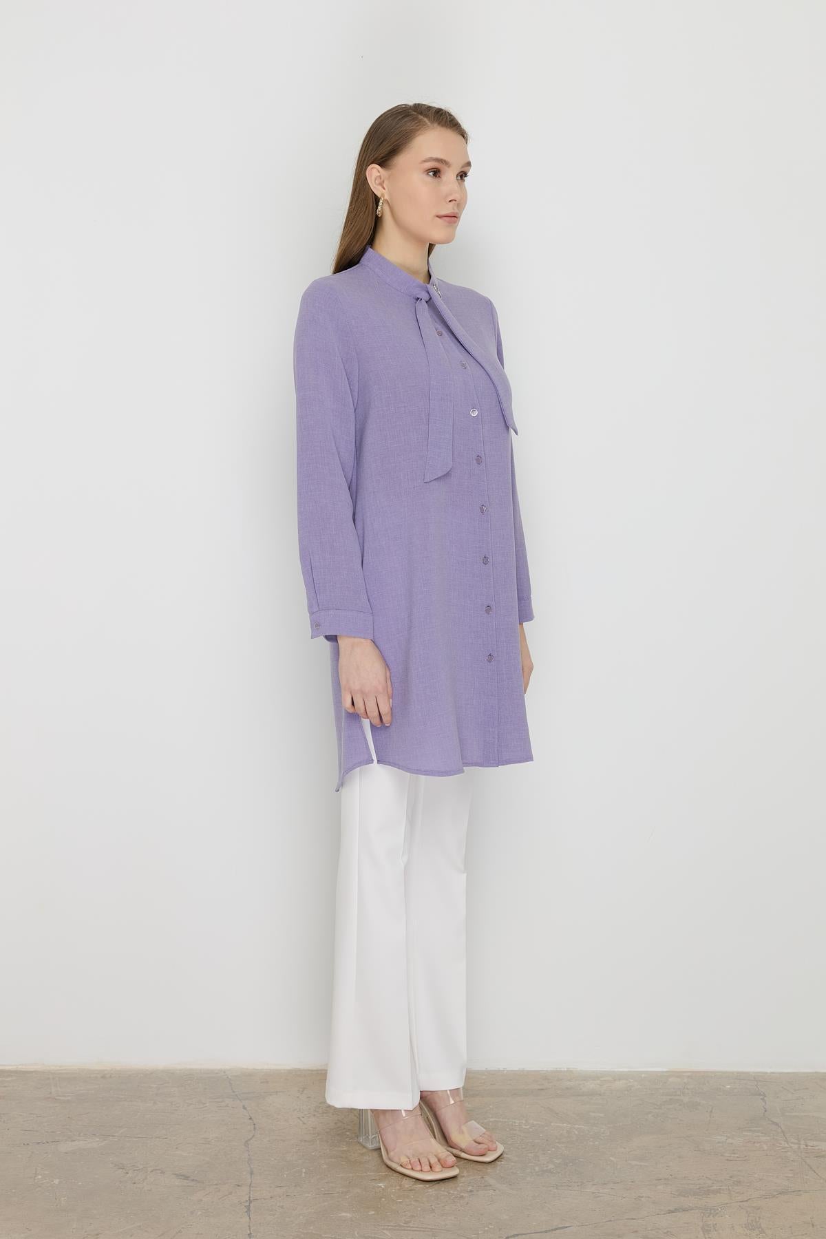 Yakası Bağlamalı Basic Tunik Lila