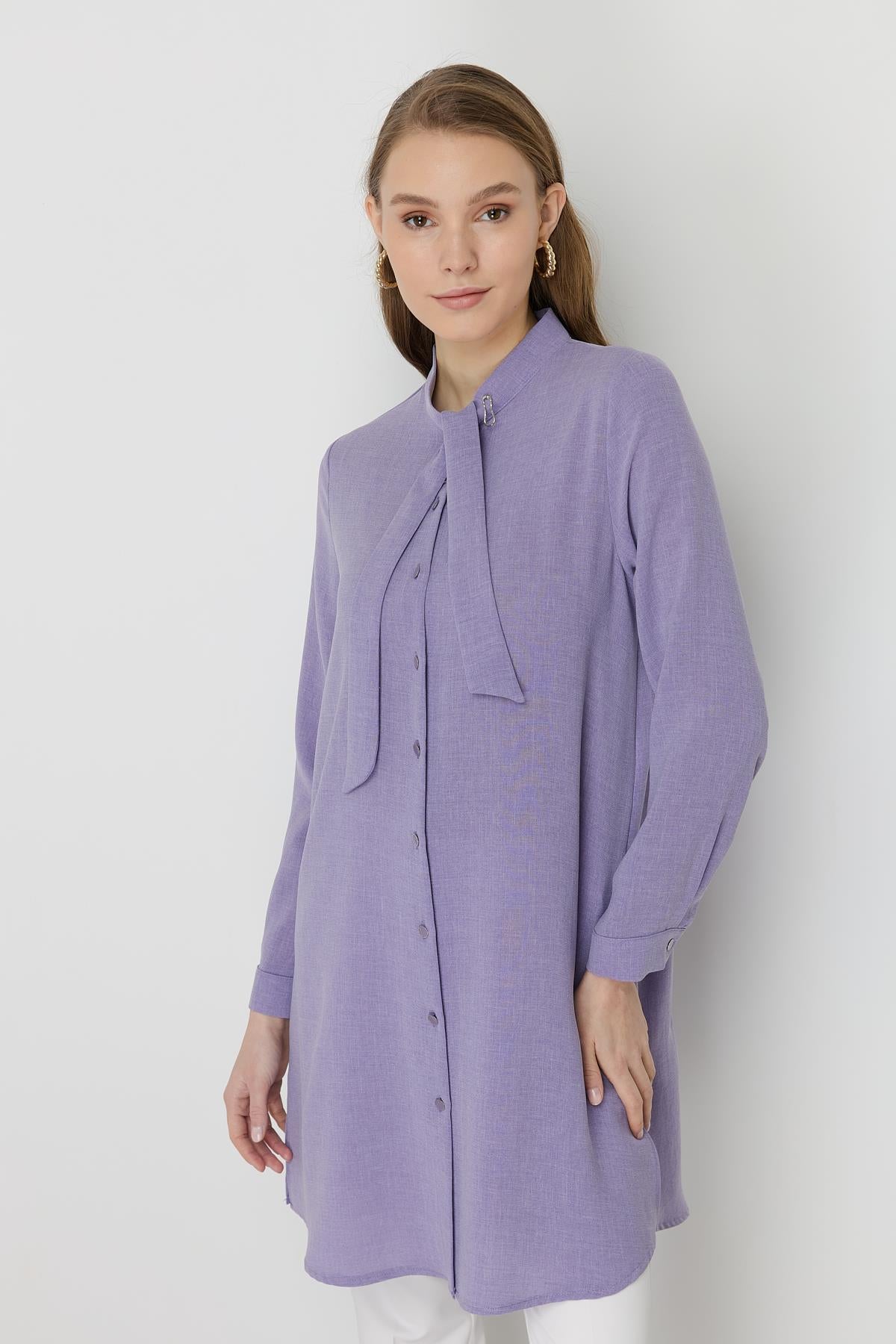 Yakası Bağlamalı Basic Tunik Lila