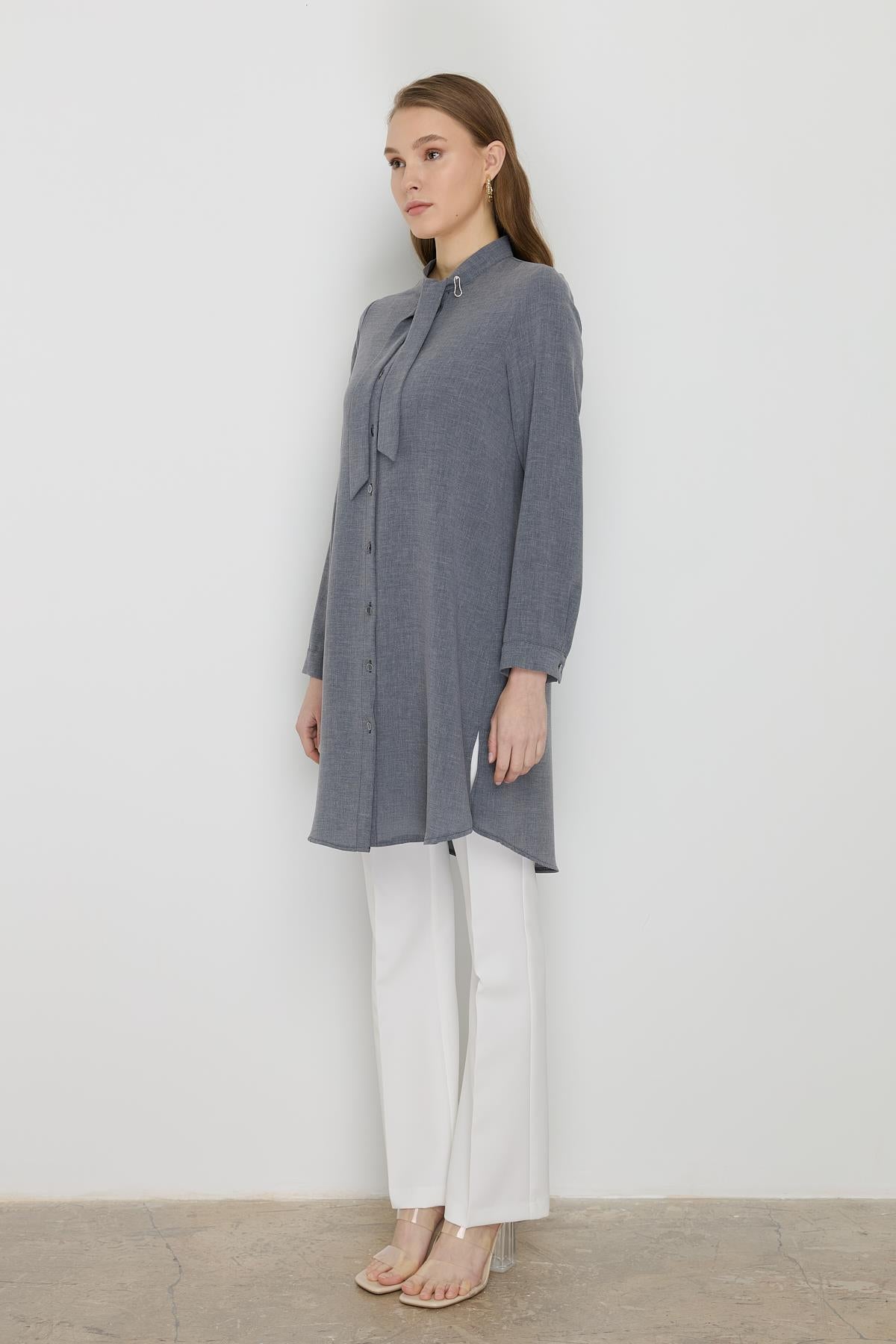 Yakası Bağlamalı Basic Tunik Siyah