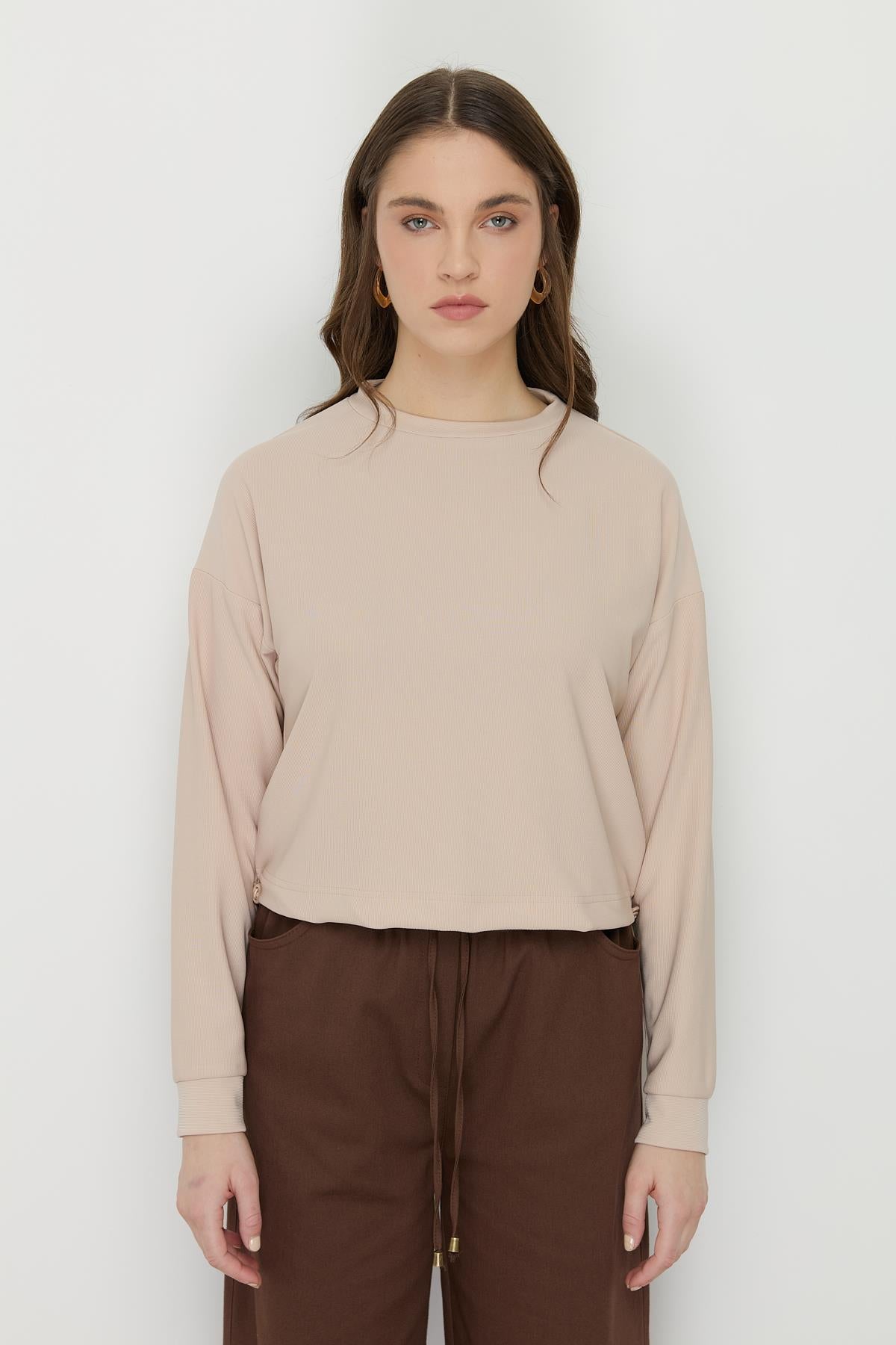 Yanları Stoperli Basic Crop Bluz Bej