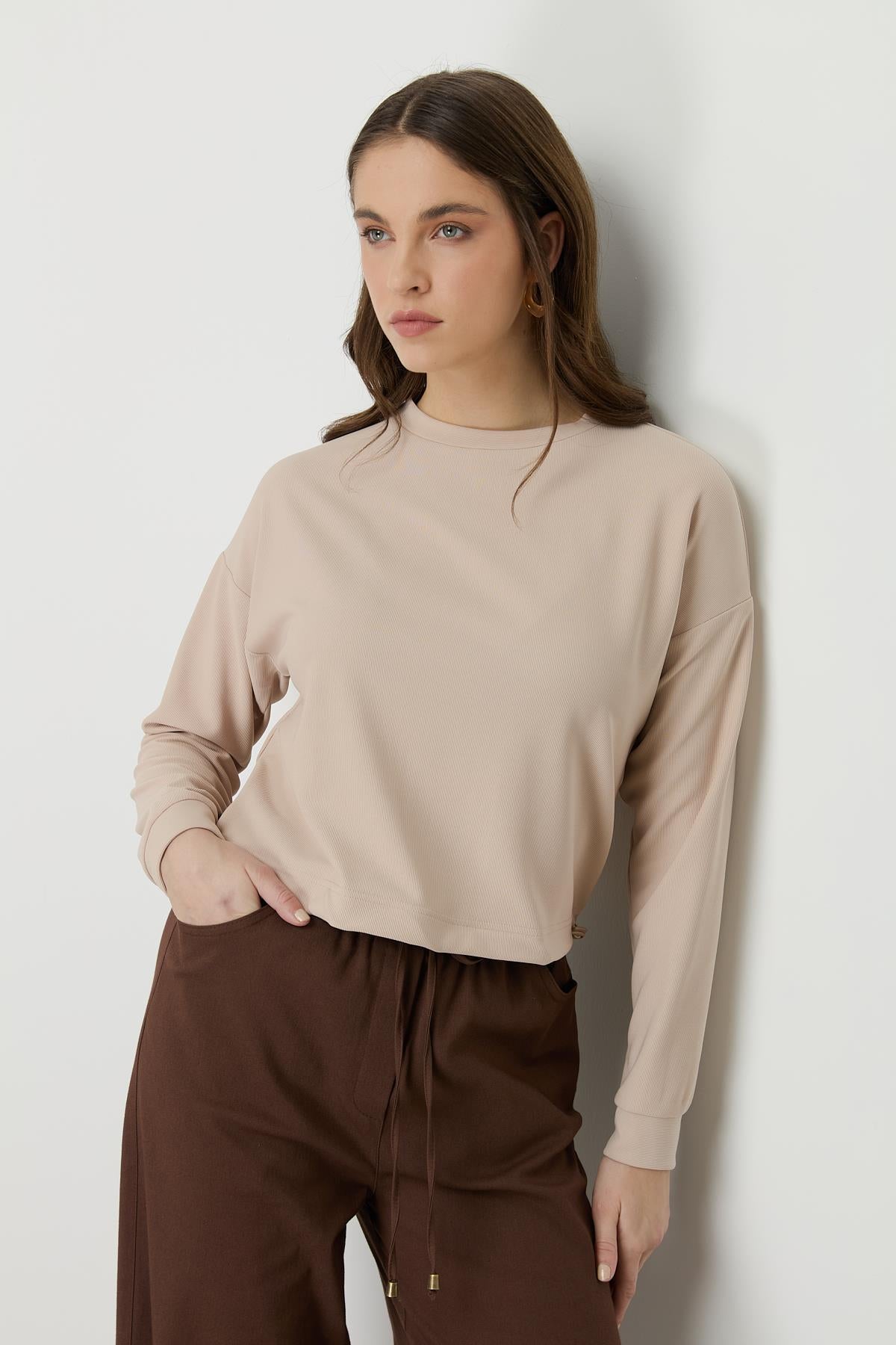 Yanları Stoperli Basic Crop Bluz Bej