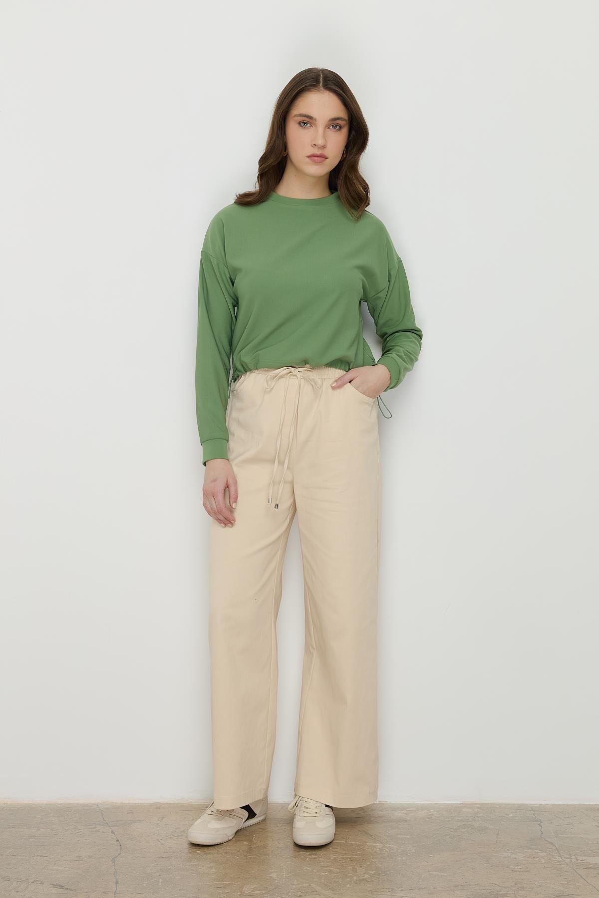 Yanları Stoperli Basic Crop Bluz Yeşil
