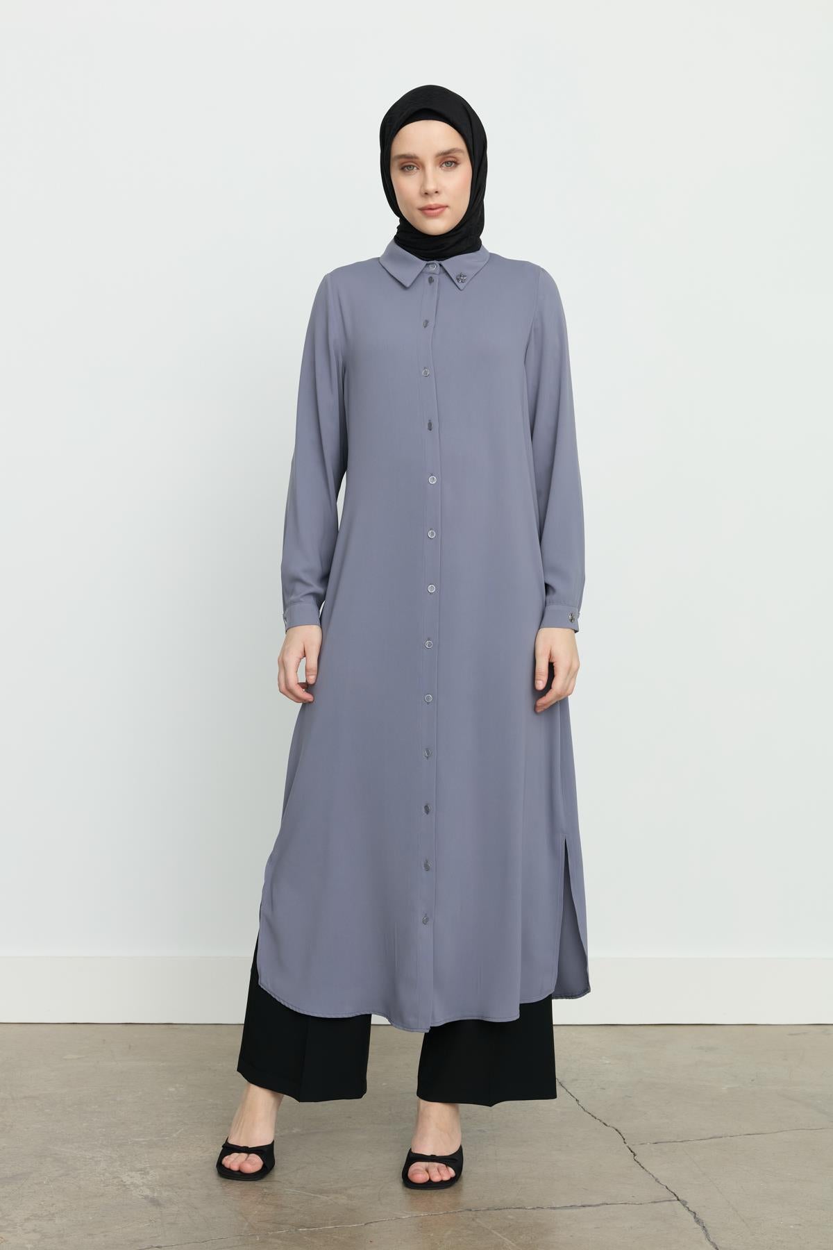 Yanları Yırtmaçlı Basic Tunik Gri