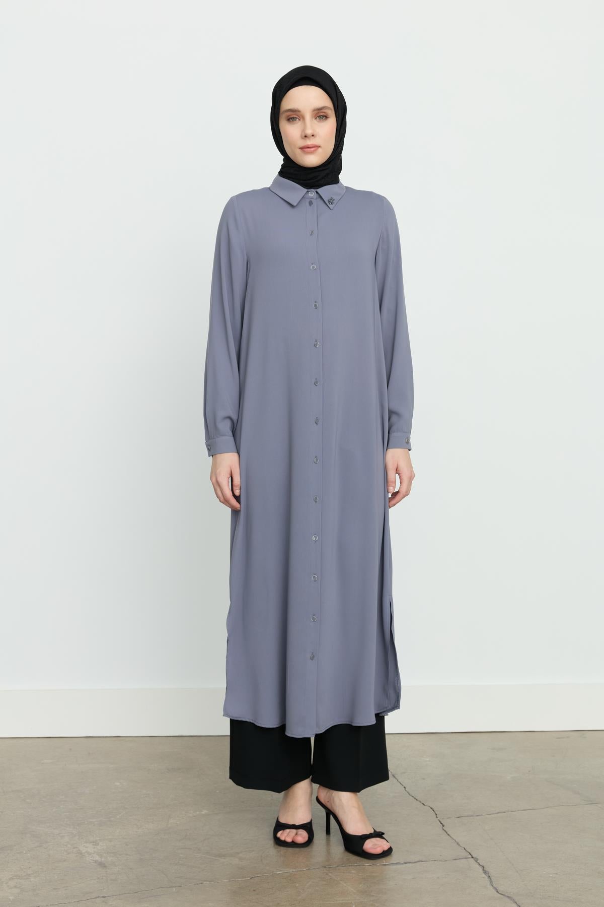 Yanları Yırtmaçlı Basic Tunik Gri