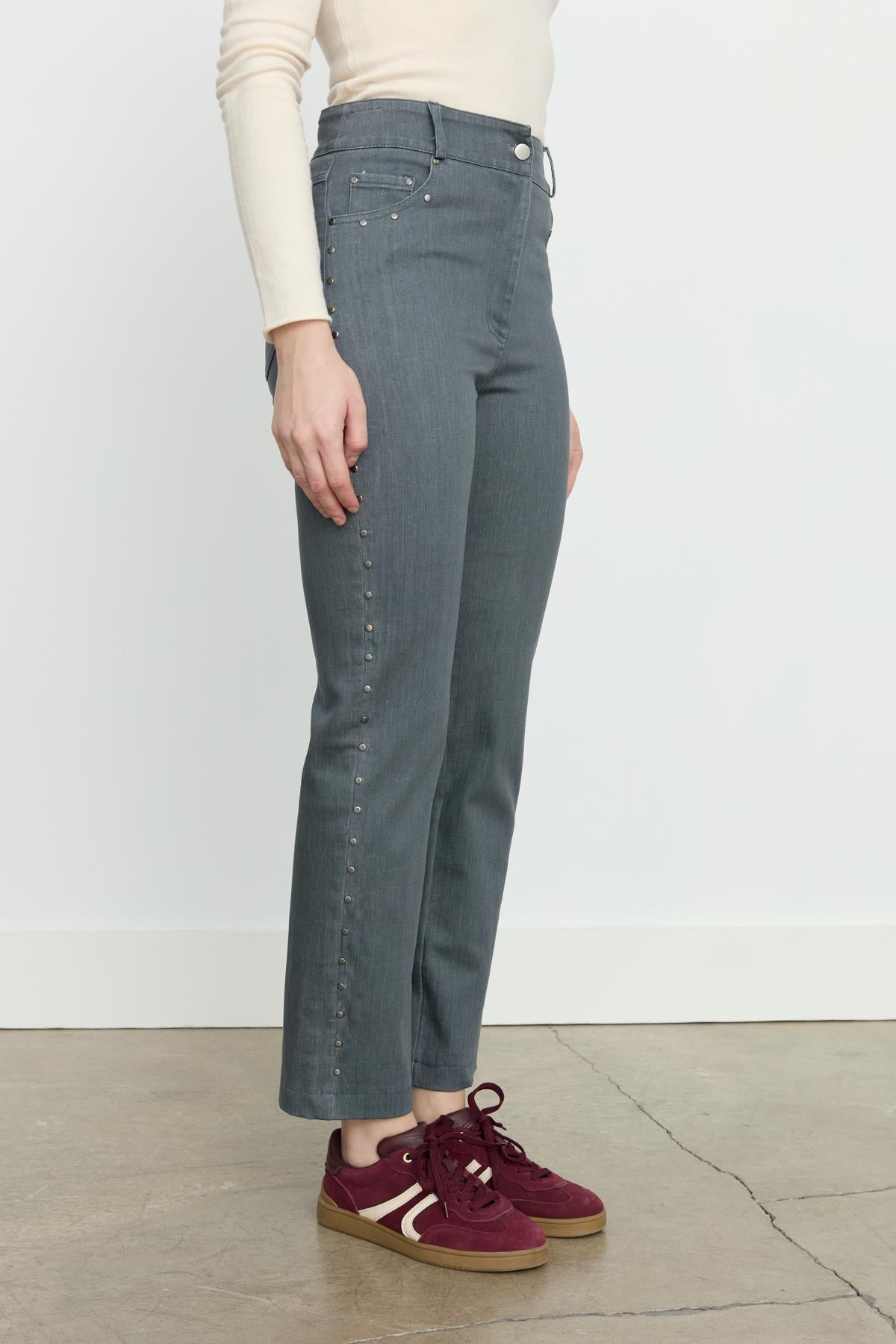 Yanları Zımbalı Düz Paça Denim Pantolon Füme
