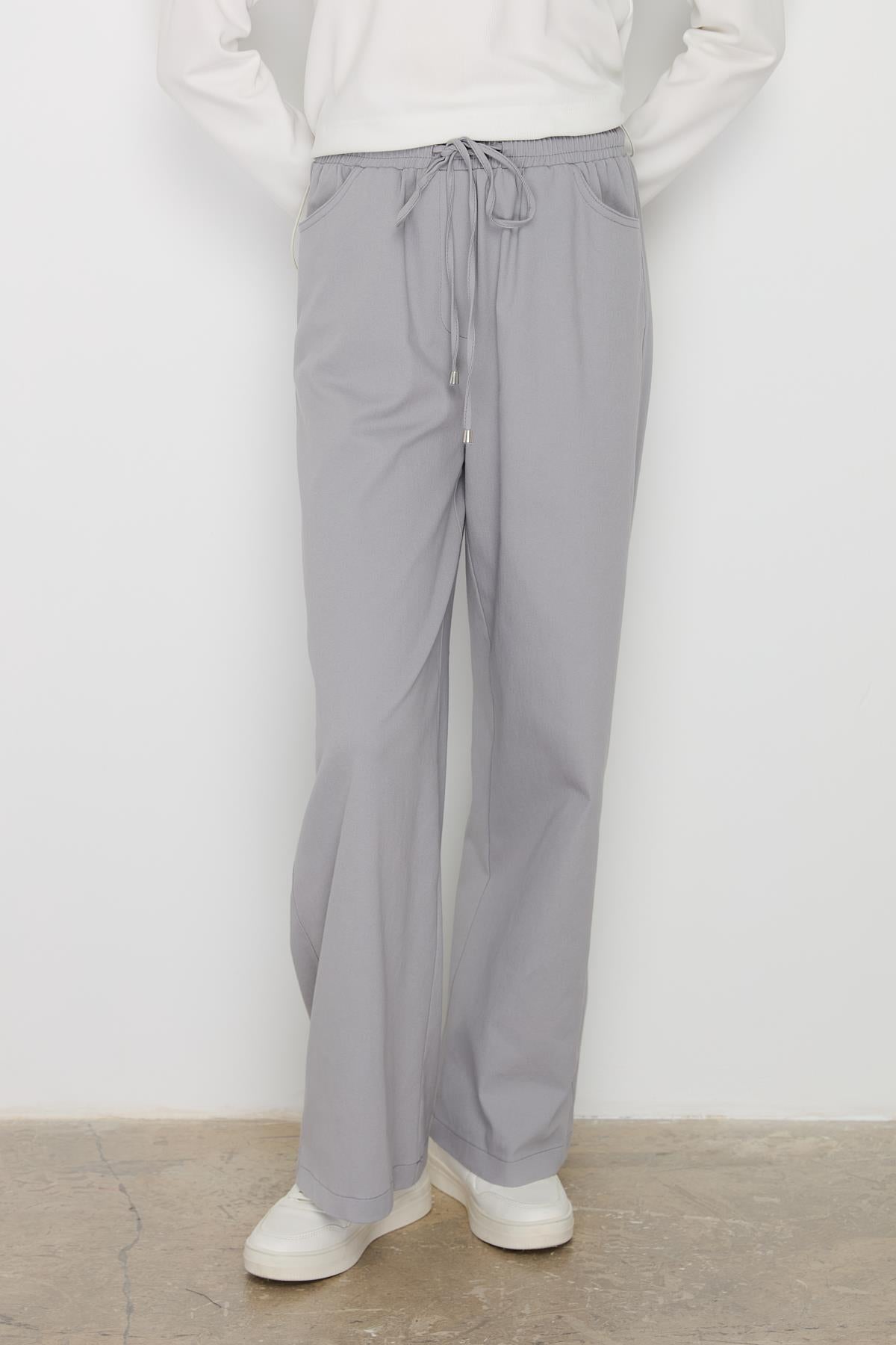 Beli Lastikli Bol Paça Kanvas Pantolon Gri