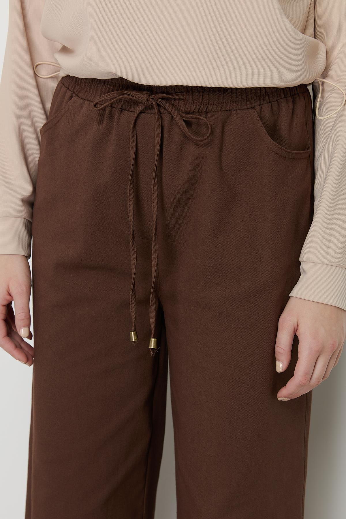 Beli Lastikli Bol Paça Kanvas Pantolon Kahve