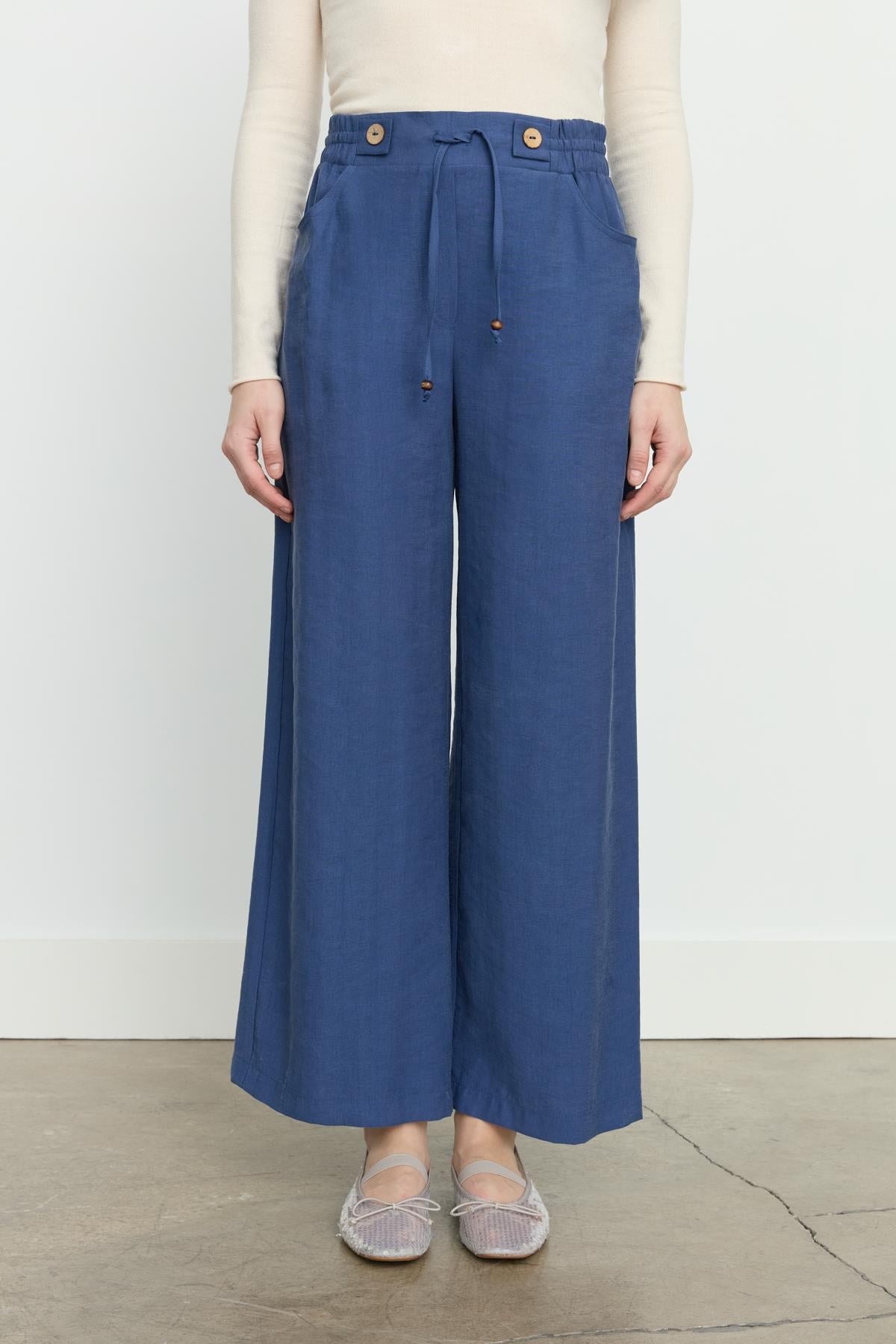 Beli Lastikli Bol Paça Tencel Pantolon İndigo