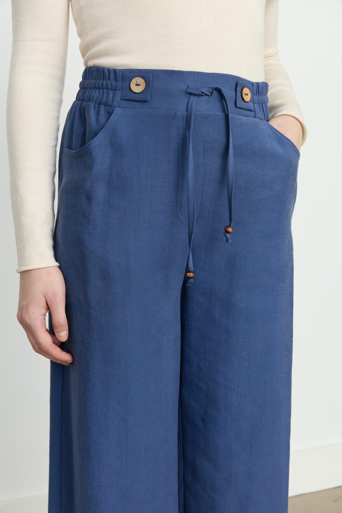 Beli Lastikli Bol Paça Tencel Pantolon İndigo