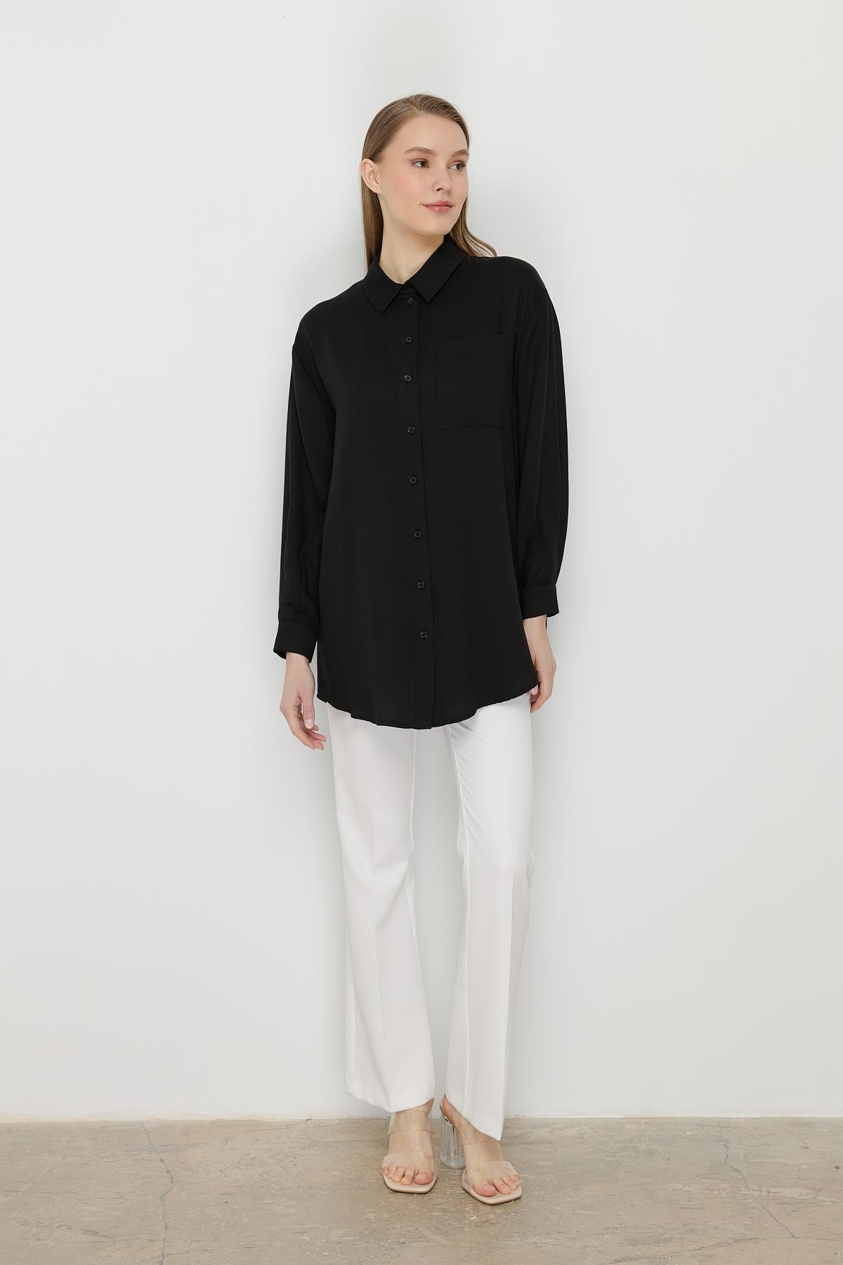 Gömlek Yaka Tencel Basic Tunik Siyah