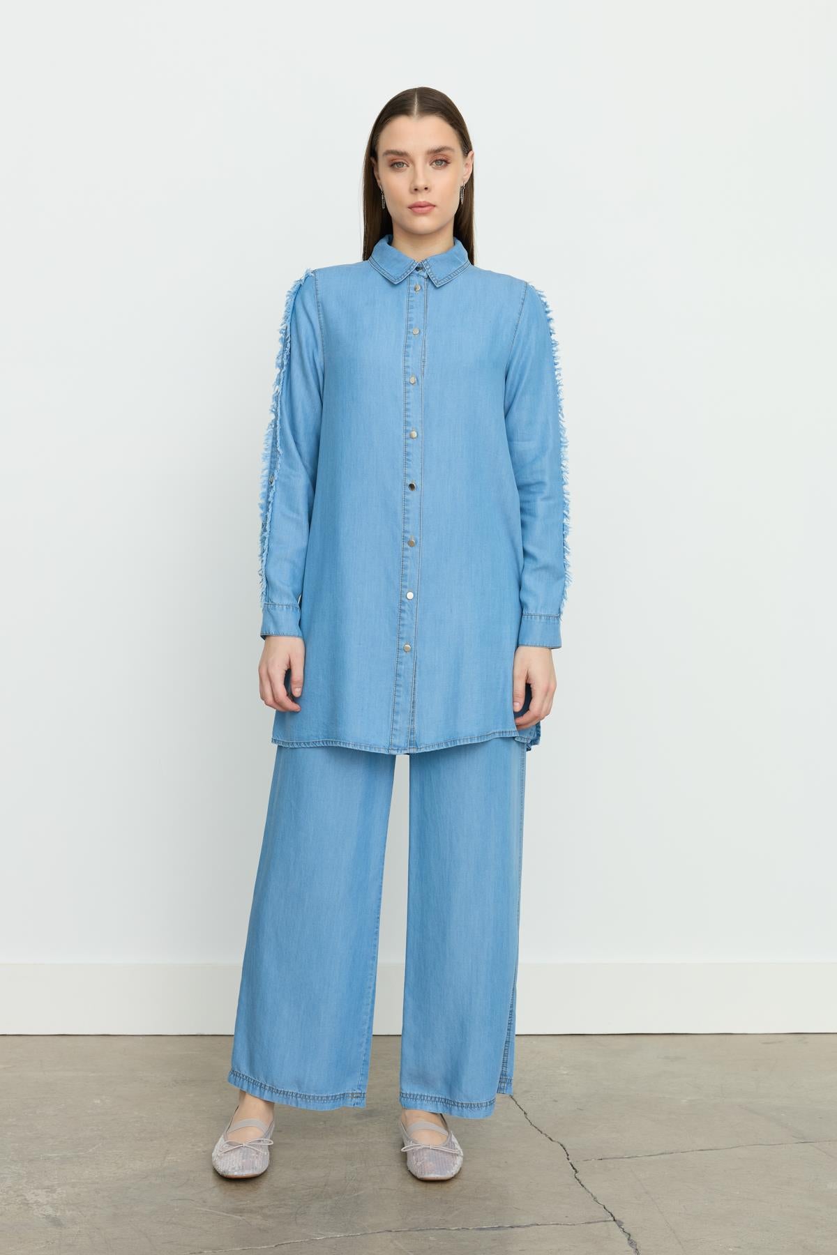 Kol Detaylı Tencel Pantolon Tunik Takım İndigo