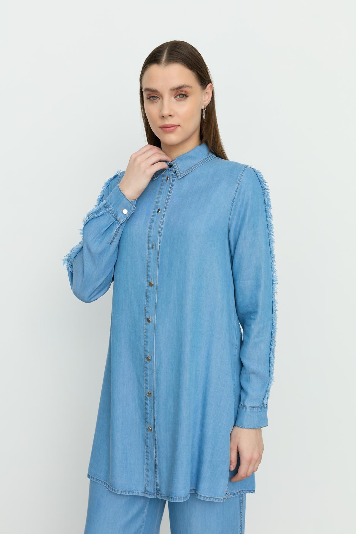 Kol Detaylı Tencel Pantolon Tunik Takım İndigo