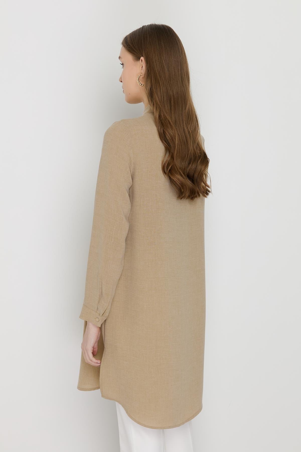 Yakası Bağlamalı Basic Tunik Bej