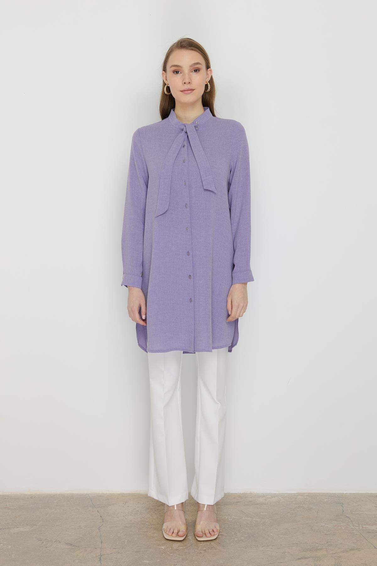 Yakası Bağlamalı Basic Tunik Lila